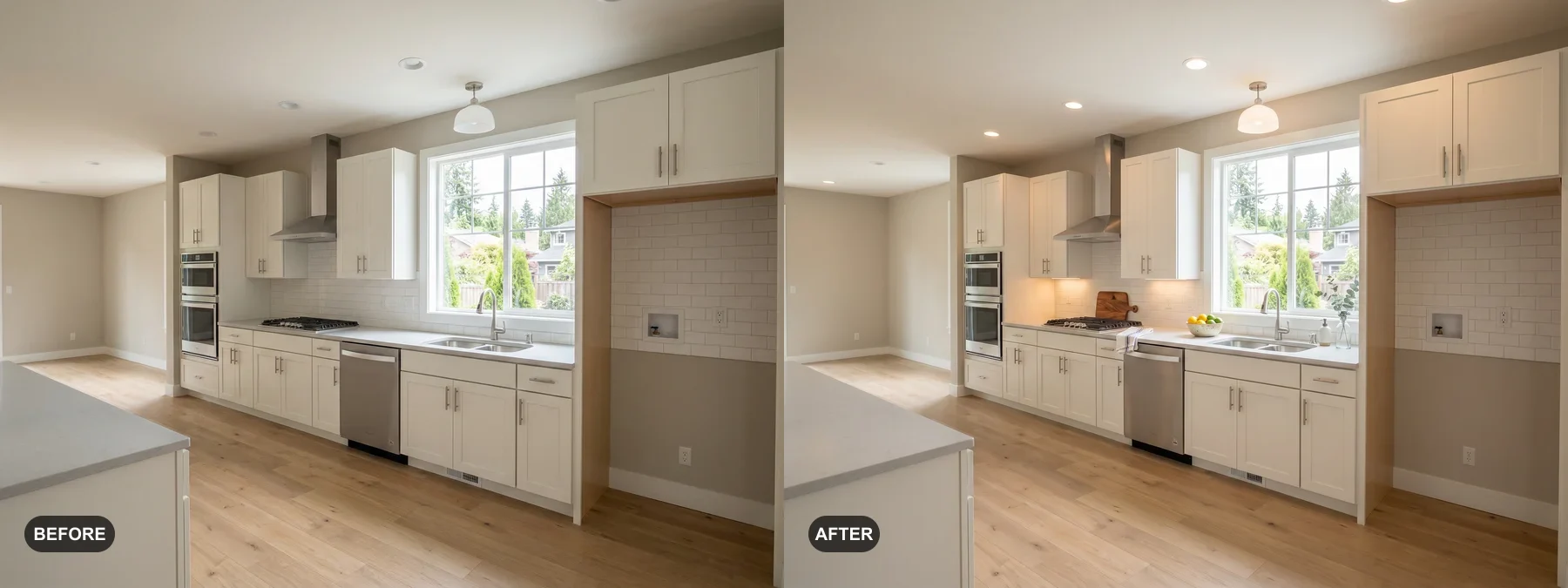Before and after comparison of a kitchen cleaned and lightly staged for a listing