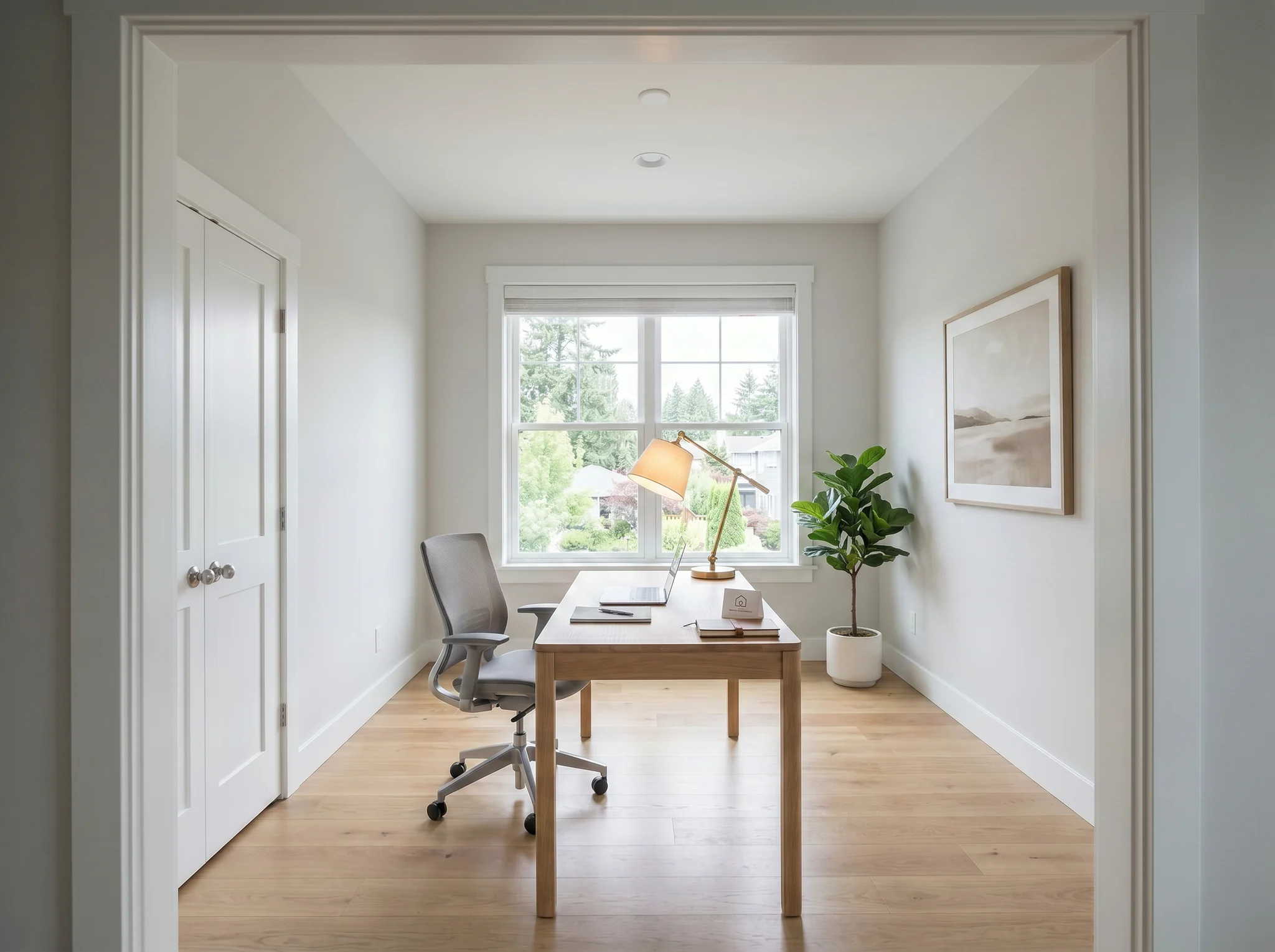 Home office staging result with desk, ergonomic chair, lamp, and plant