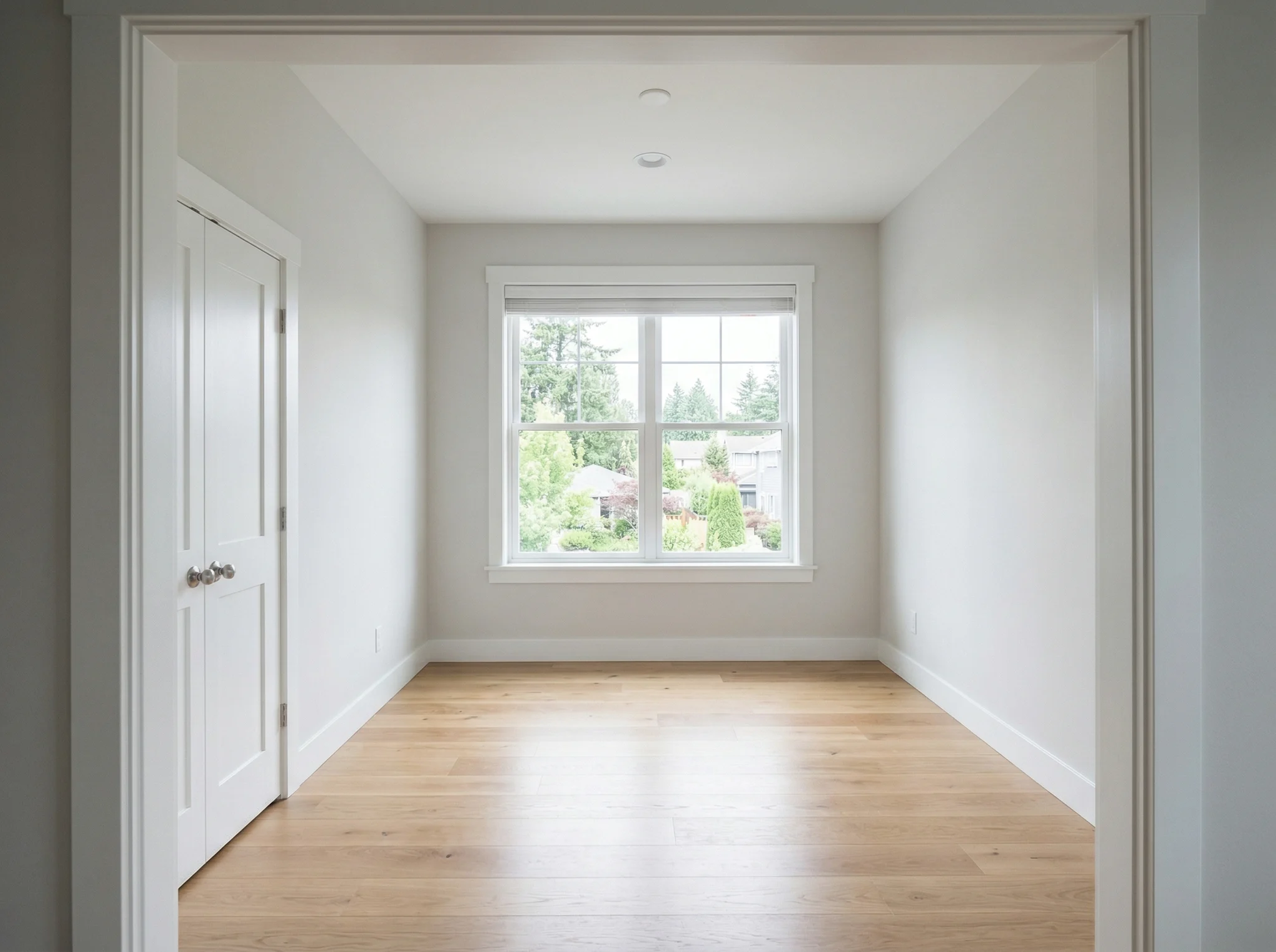Small empty room with window and roller blind before AI home office staging