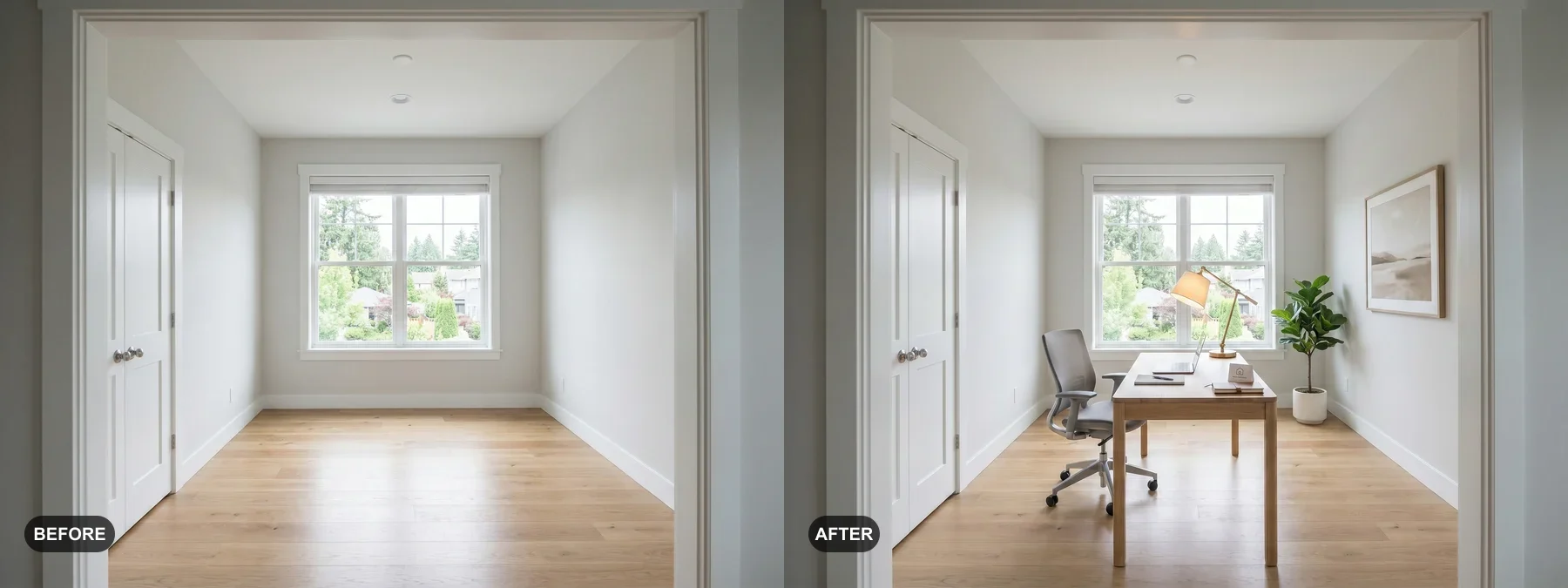 Before and after comparison of a small empty room staged as a work-from-home office