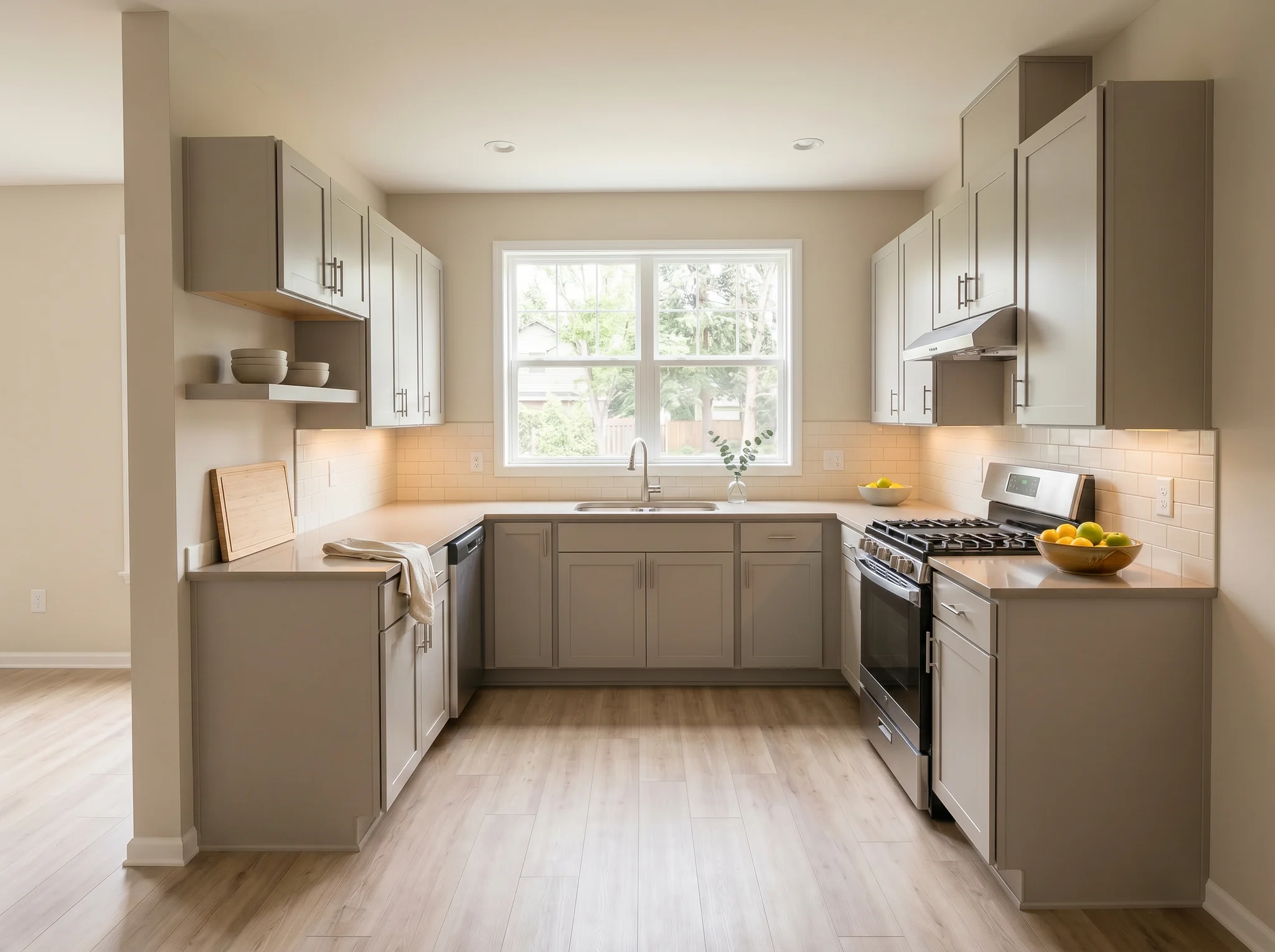 Taupe kitchen Airbnb styling with open-shelf items, cutting board, fruit, and under-cabinet light