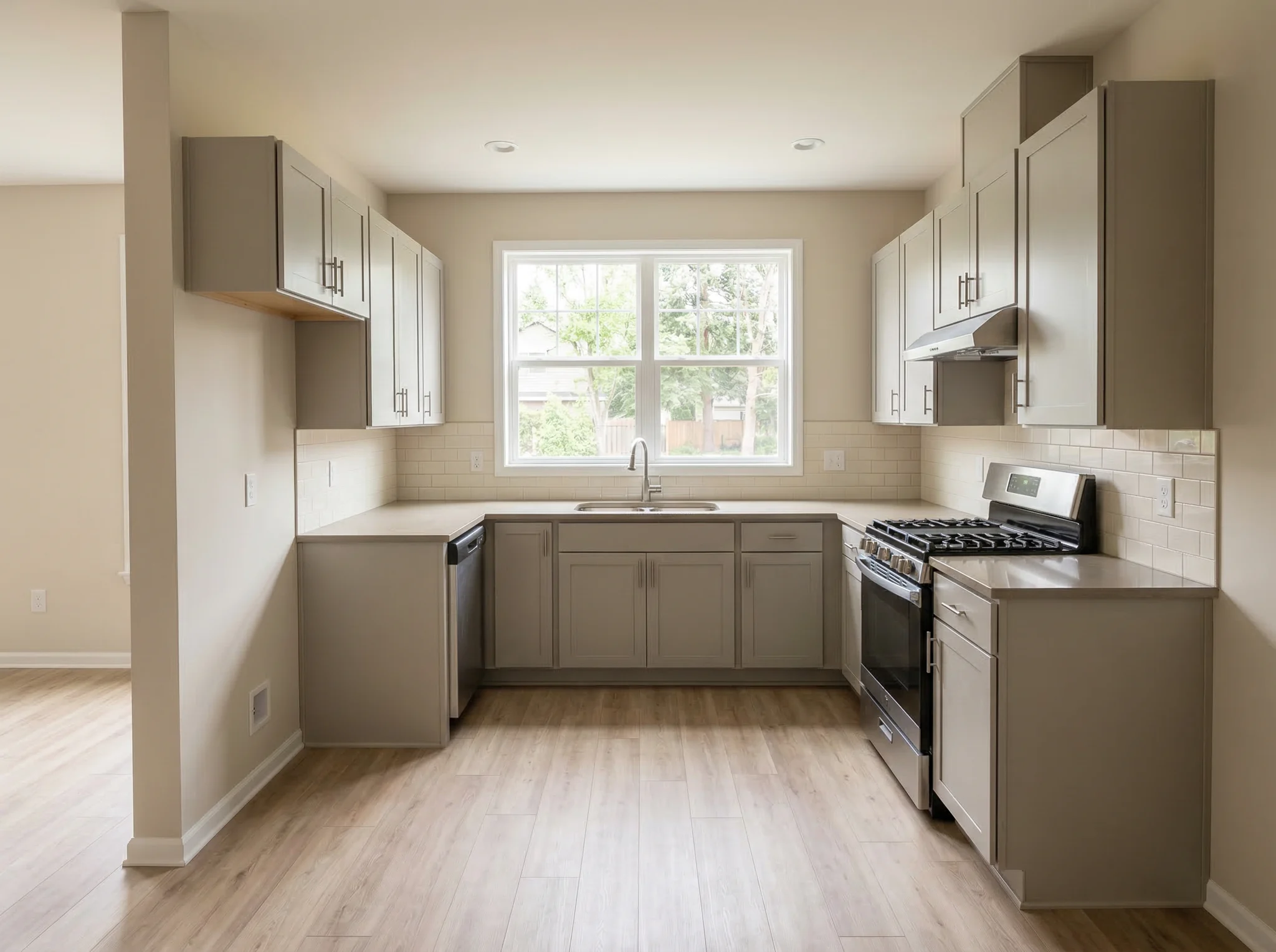 Taupe kitchen with gas range before Airbnb styling