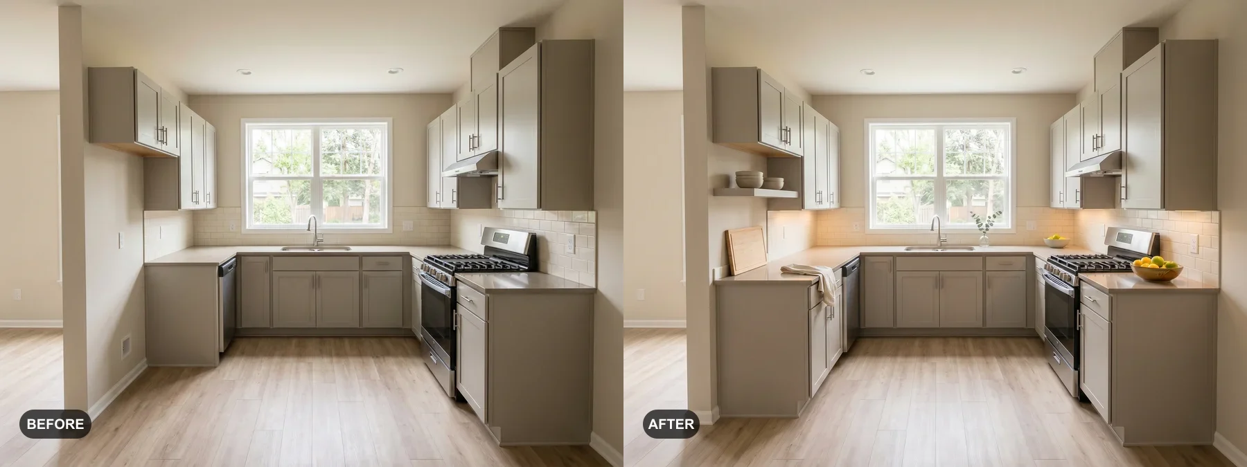 Before and after comparison of a taupe kitchen with gas range styled for an Airbnb listing