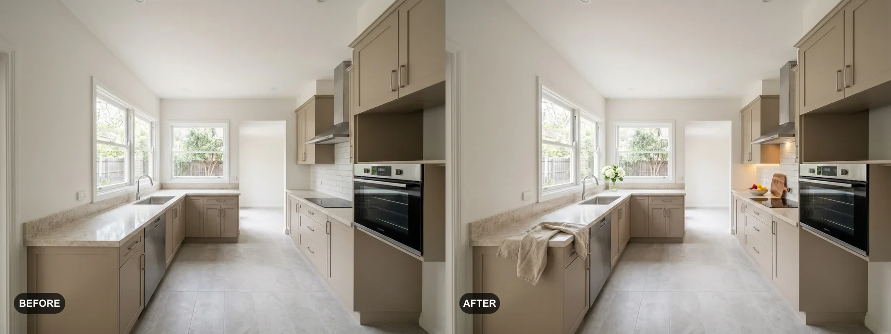 Before and after comparison of a taupe galley kitchen with garden windows styled for a listing