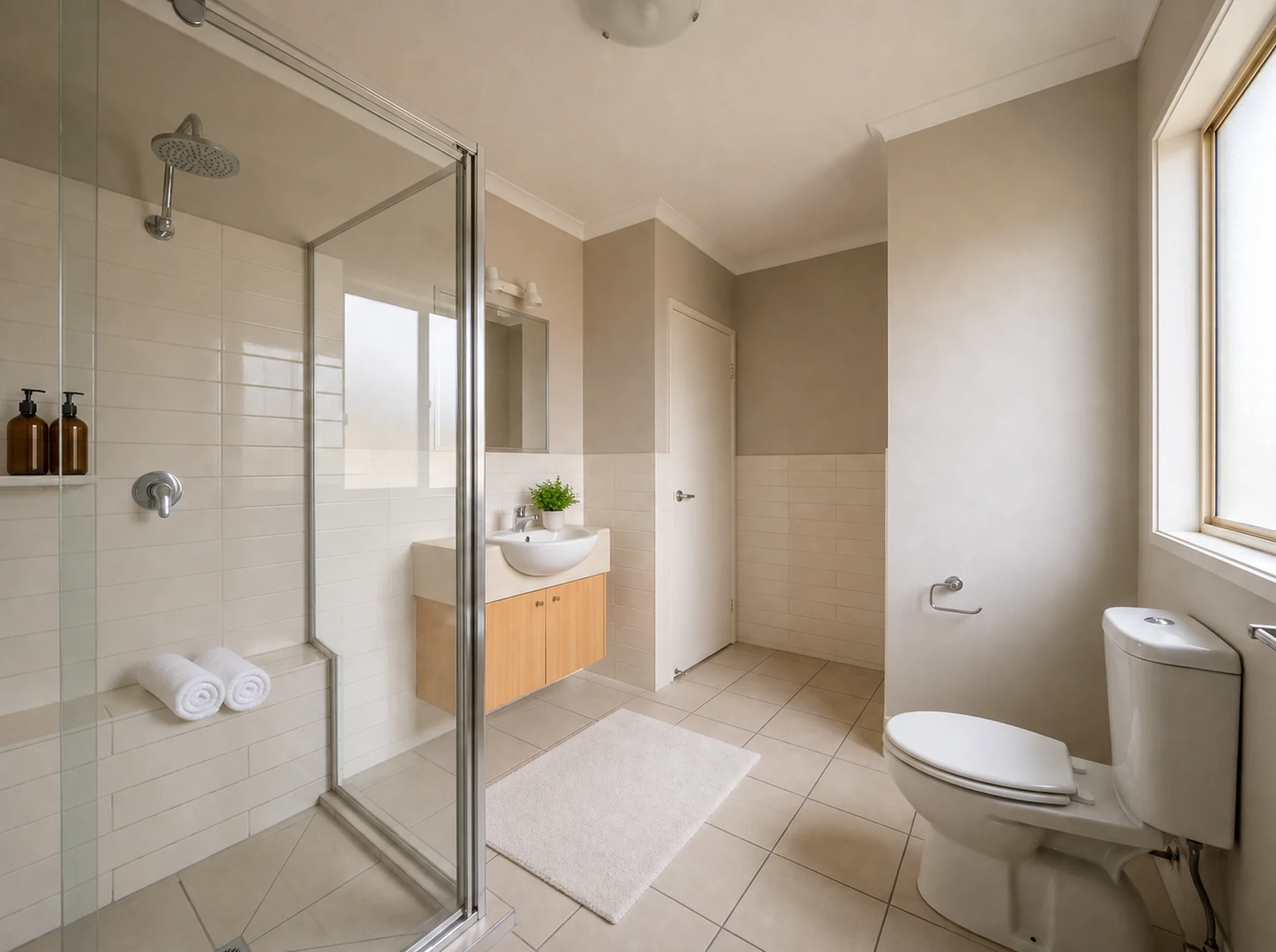 Bathroom styled with rolled towels, amber bottles, plant, and bath mat, fixtures unchanged