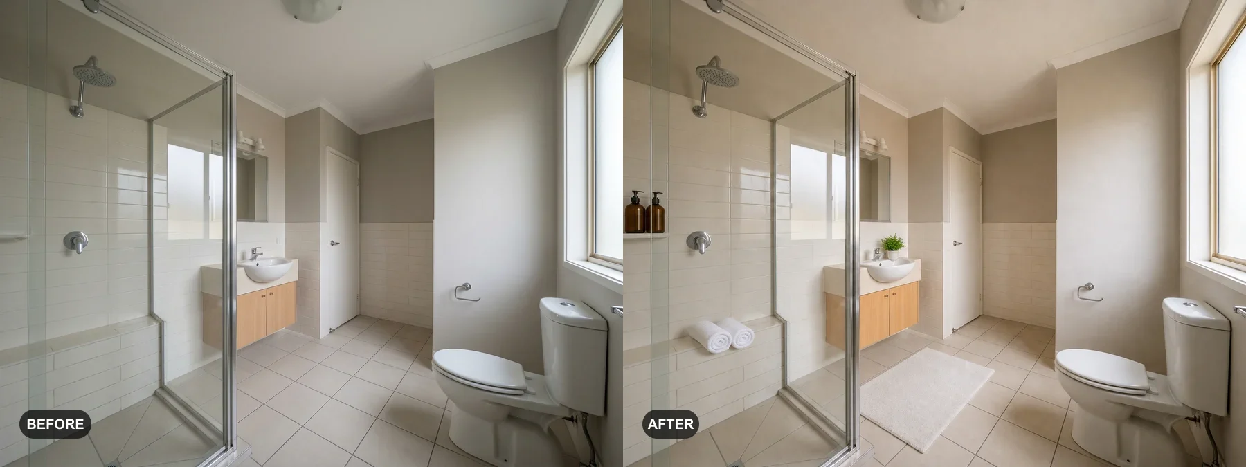 Before and after comparison of a plain shower bathroom styled guest-ready