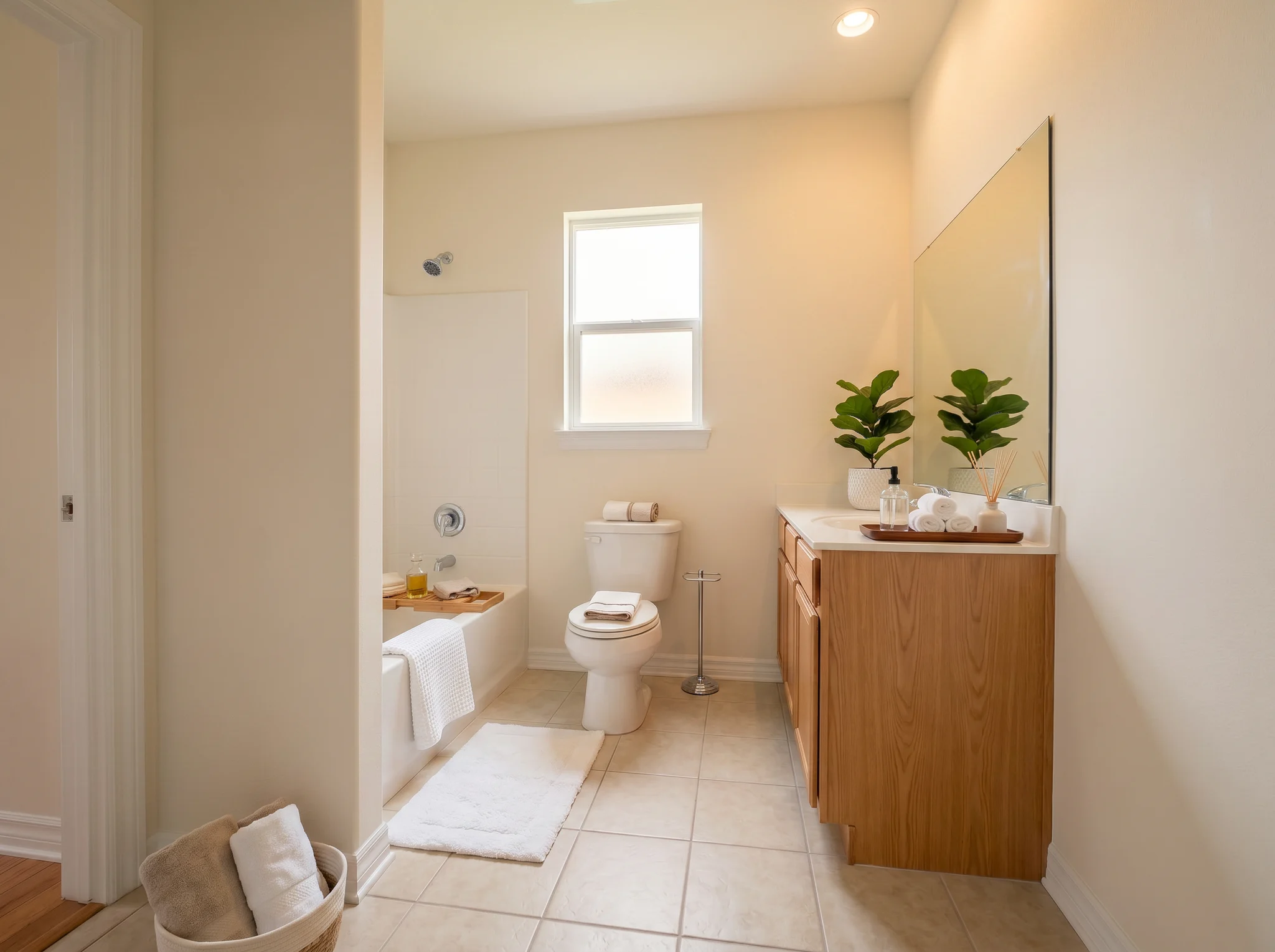 Airbnb bathroom styling result with towels, plants, bath tray, and warm lighting