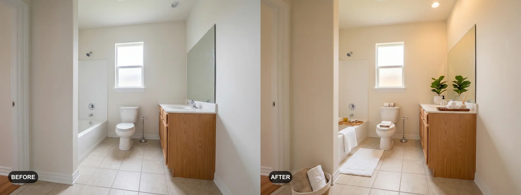 Before and after comparison of an oak vanity bathroom styled for Airbnb guests