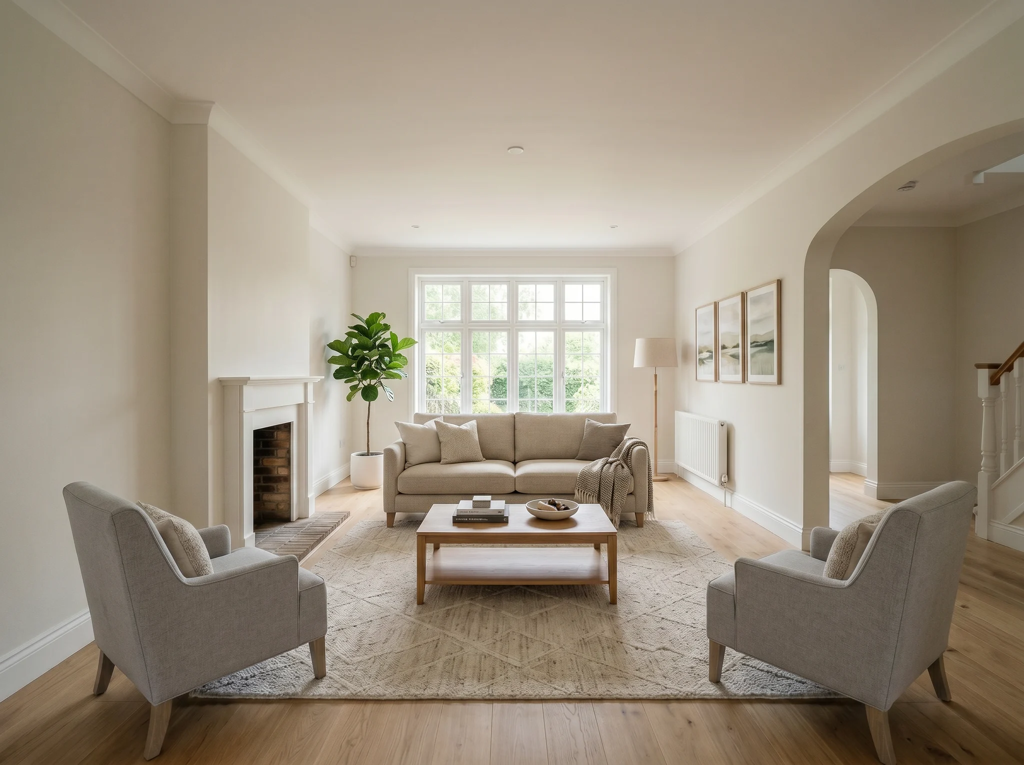 After AI virtual staging result showing a neutral furnished living room with a fireplace