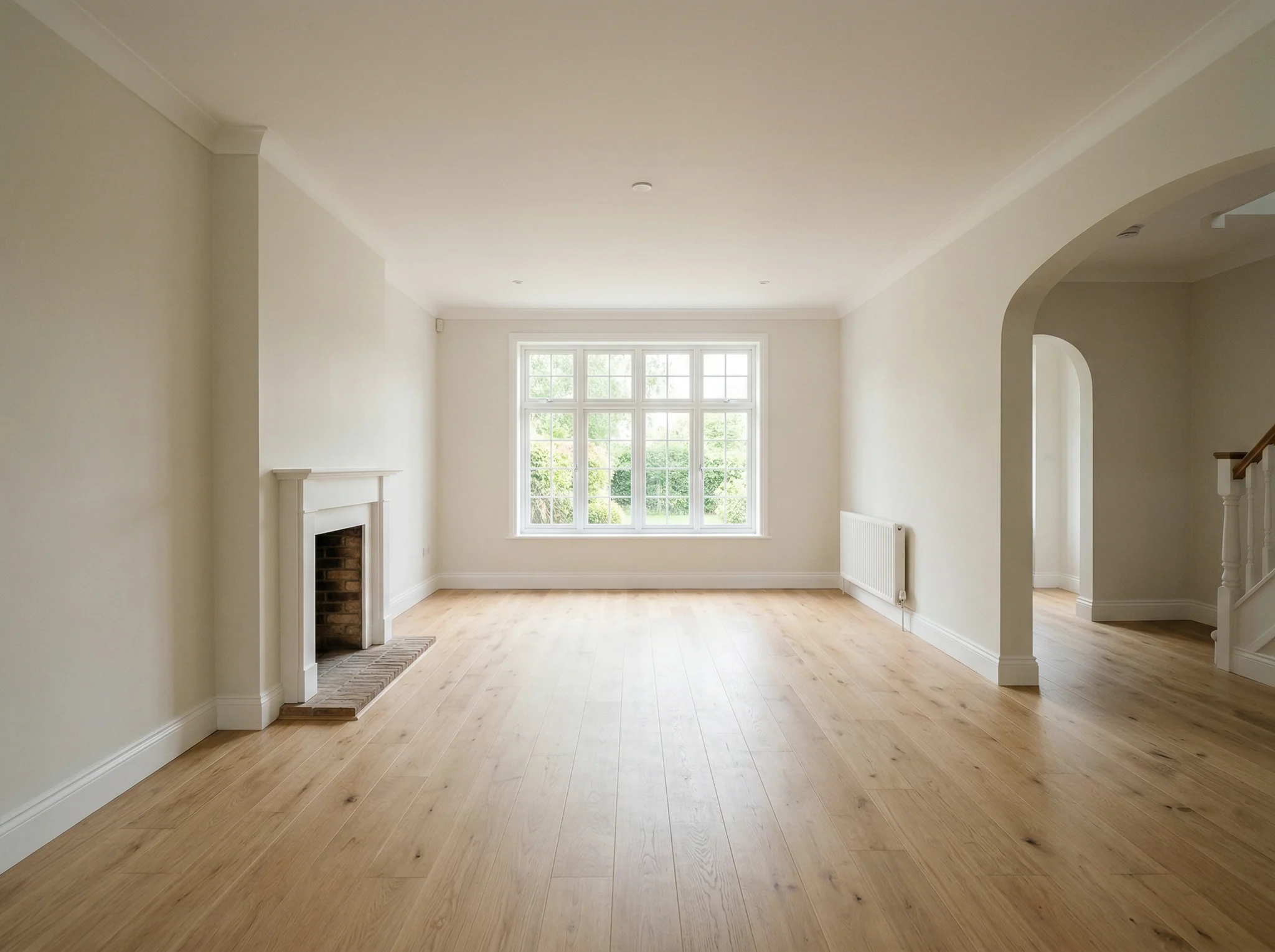 Before photo of an empty living room with a fireplace prepared for AI virtual staging