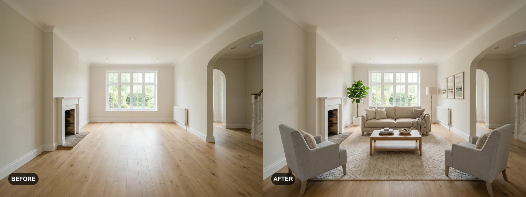Before and after comparison of a neutral living room staged around a fireplace