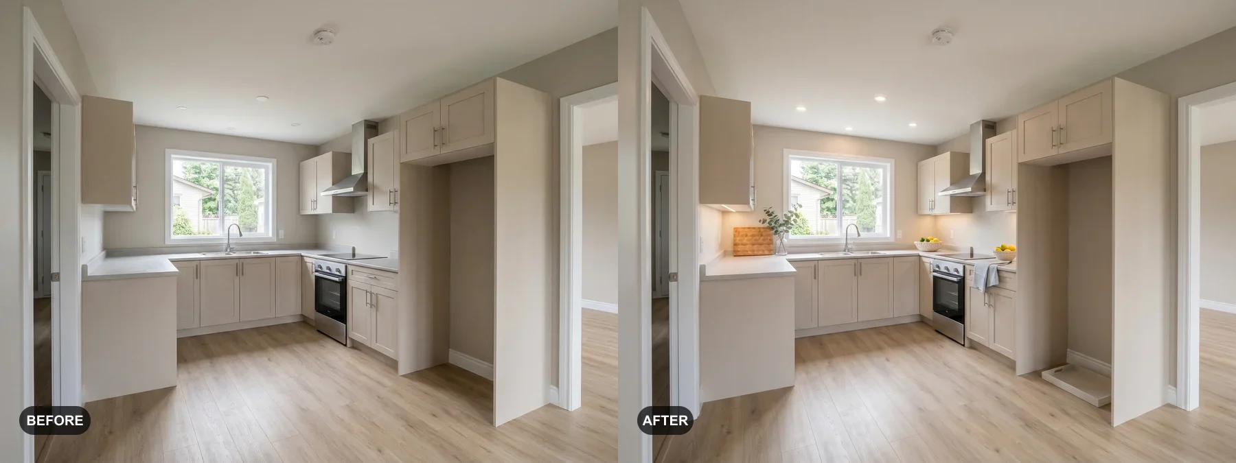 Before and after comparison of a warm kitchen staged for a listing