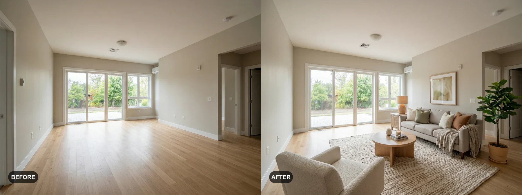 Before and after comparison of a living room staged for a real estate listing