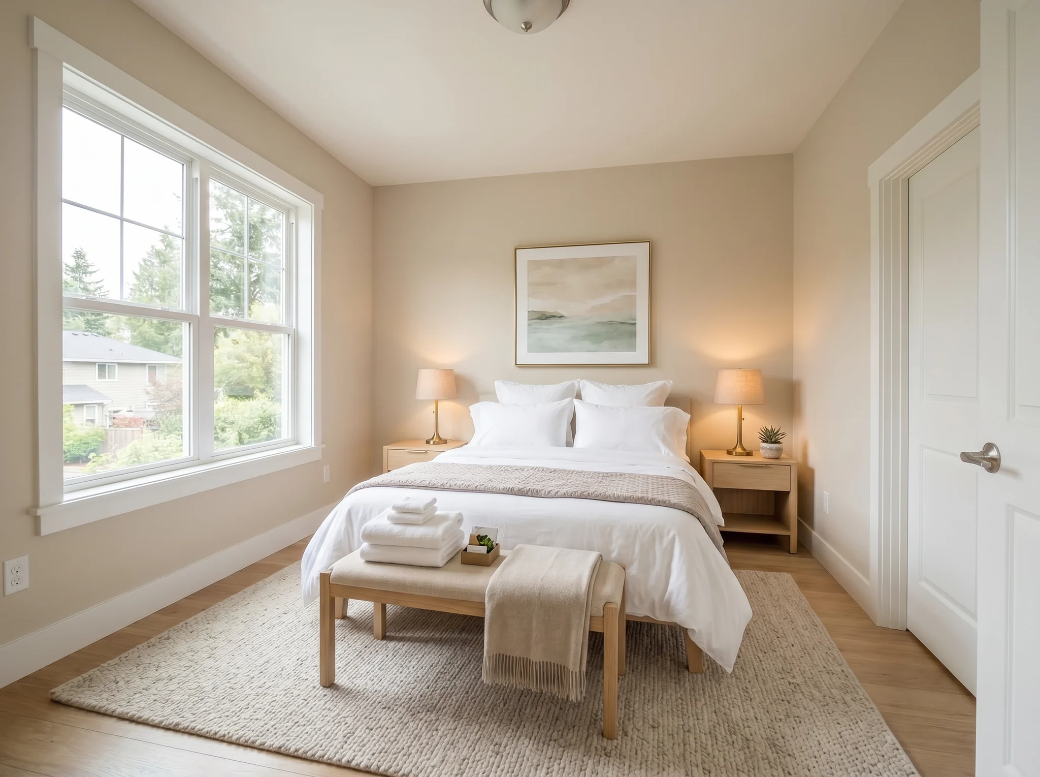 After AI virtual staging result showing a bright Airbnb guest bedroom
