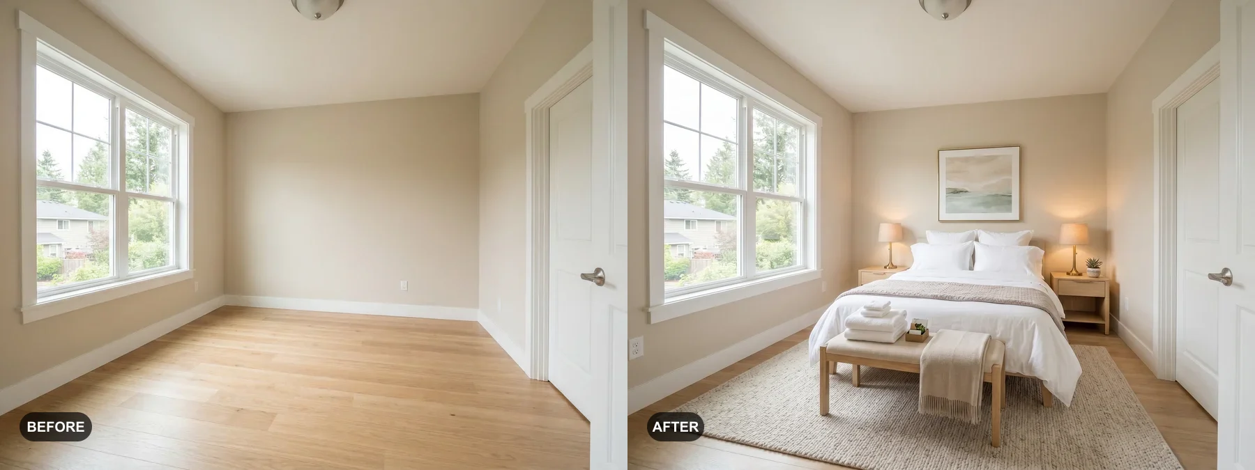 Before and after comparison of a bright bedroom staged as an Airbnb guest suite