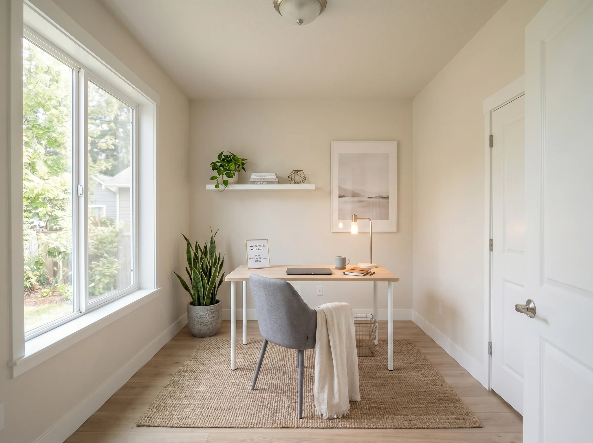 Compact Scandinavian home office staging with white desk, floating shelf, and snake plant