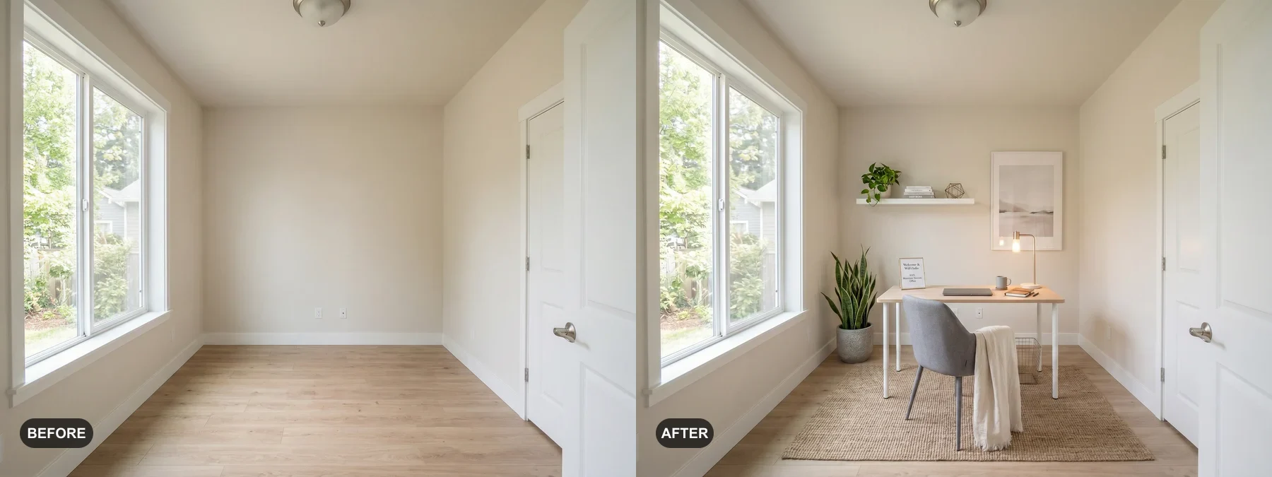 Before and after comparison of a small empty room staged as a compact home office