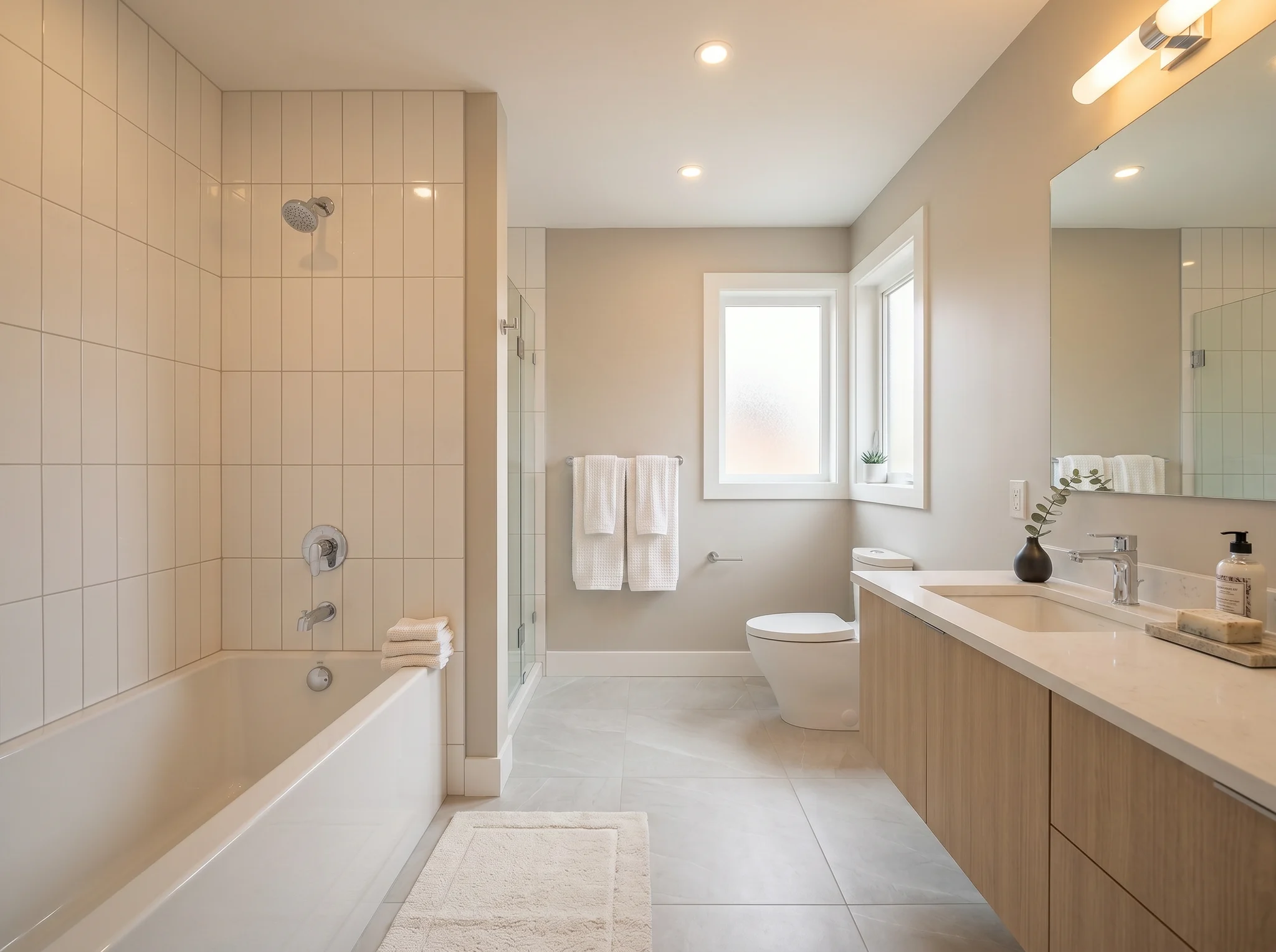 Airbnb bathroom styling result with towels, bath mat, plants, and warmer lighting
