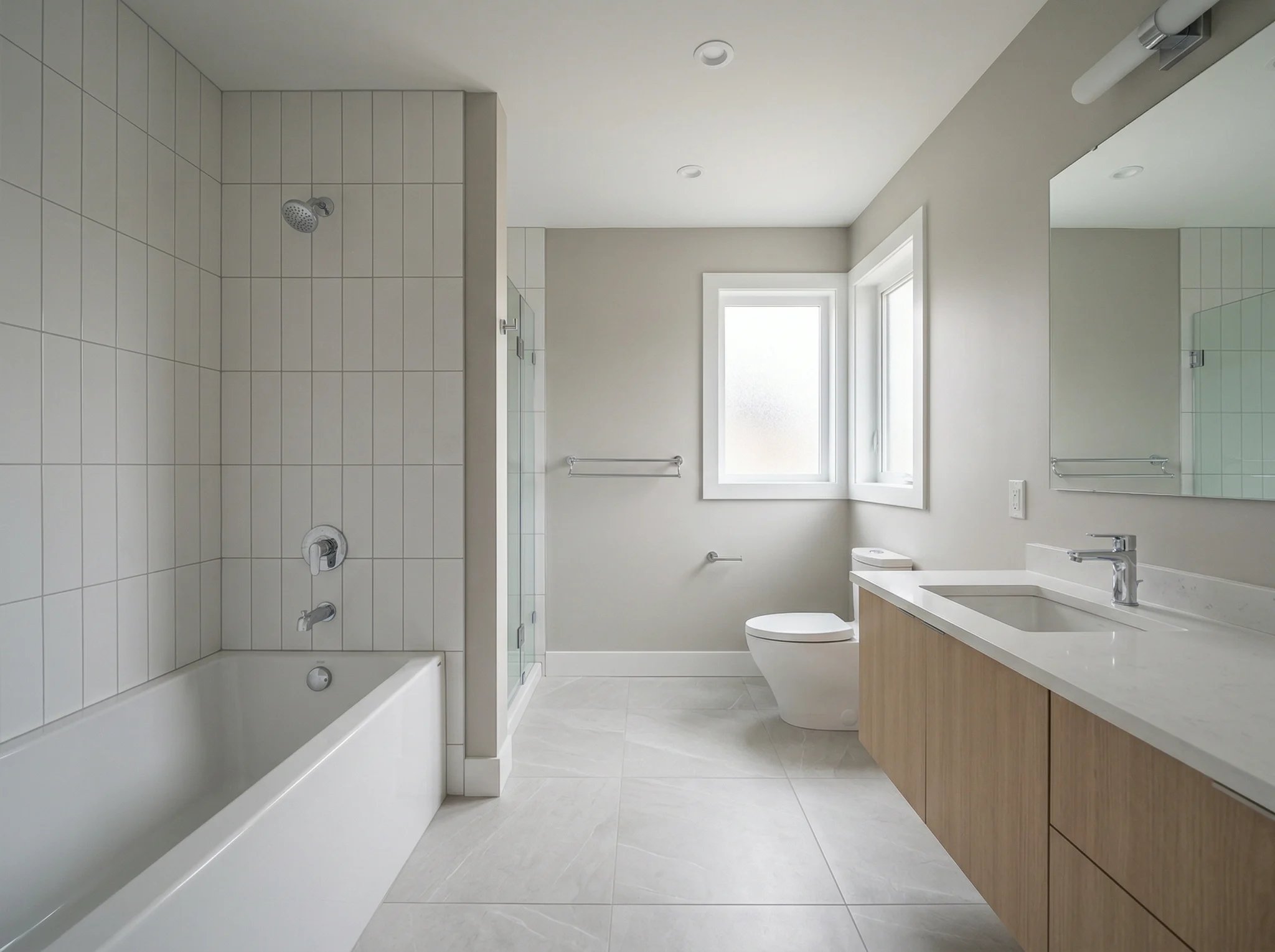 Bare bathroom with double vanity and tub before Airbnb styling