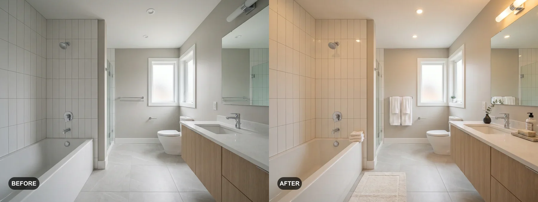 Before and after comparison of a double-vanity bathroom styled for an Airbnb listing