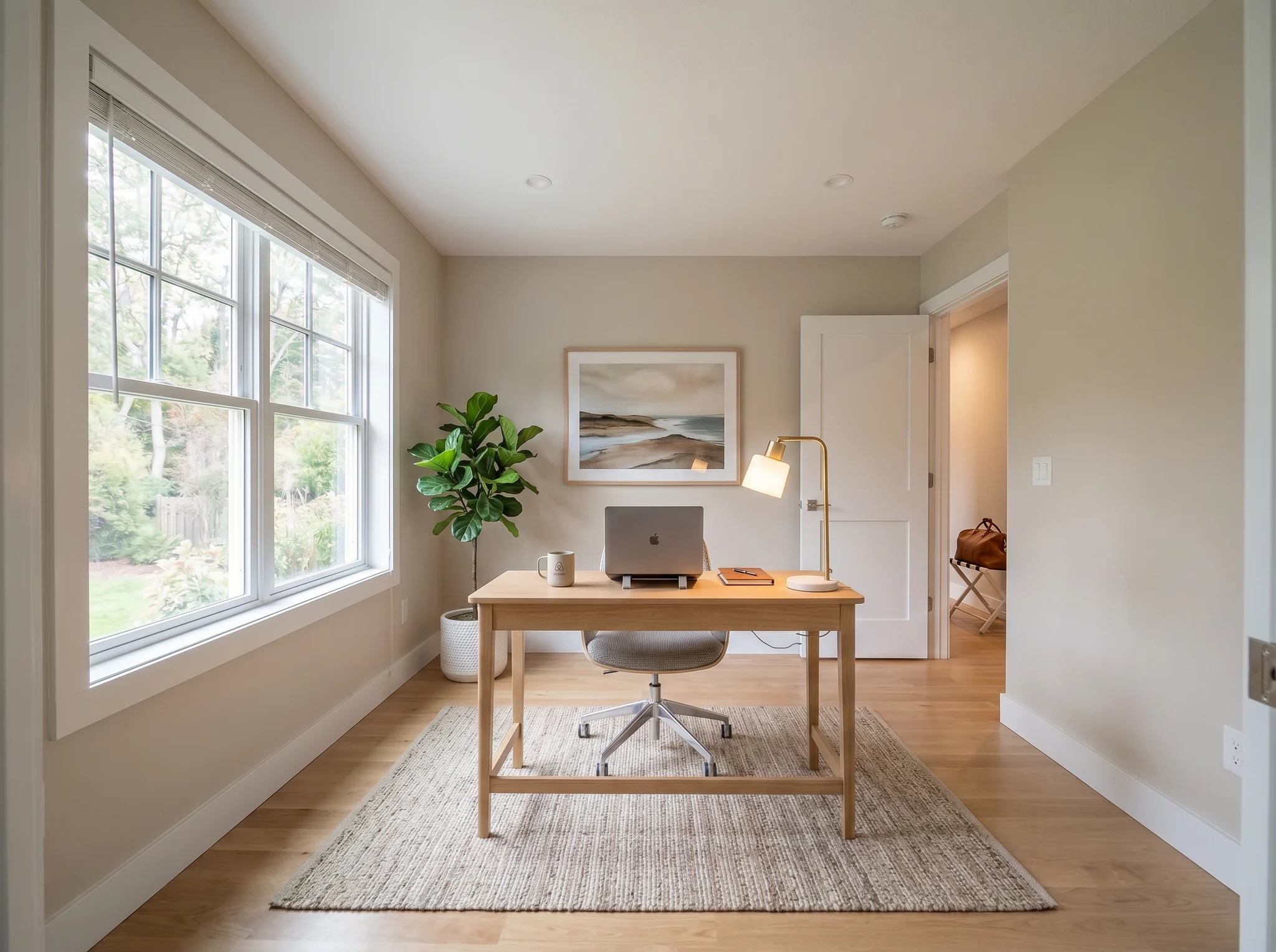 Home office staging result with wood desk, task chair, rug, and plant in a room with large blinds
