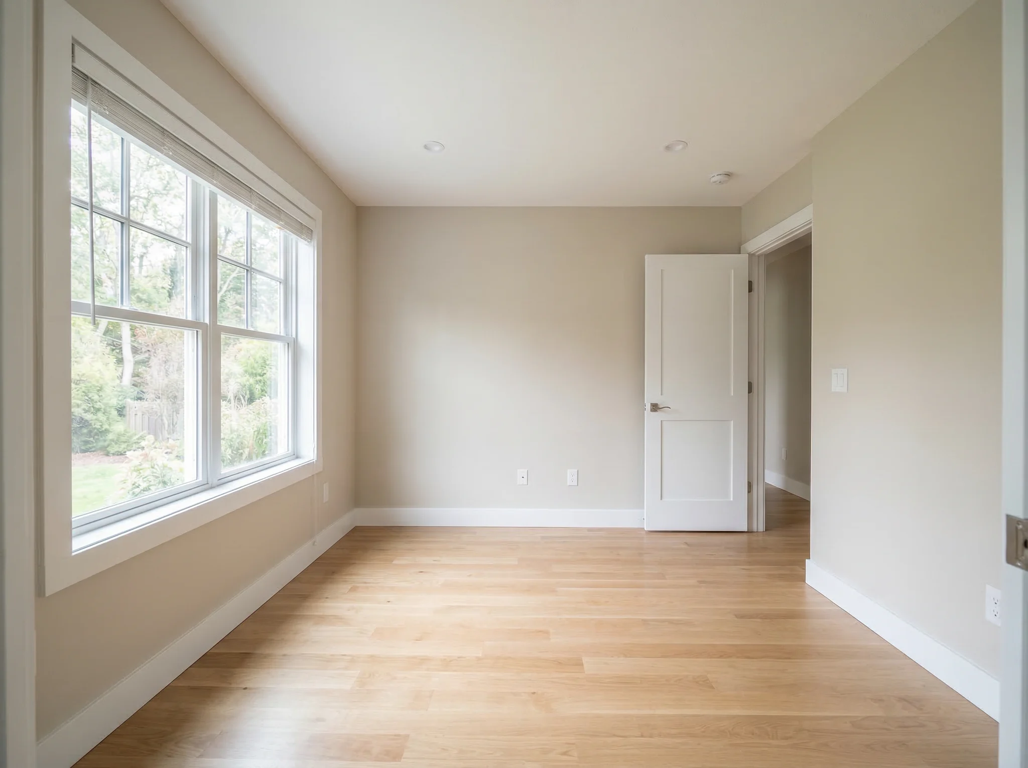 Empty room with large blinds window and hallway view before AI home office staging