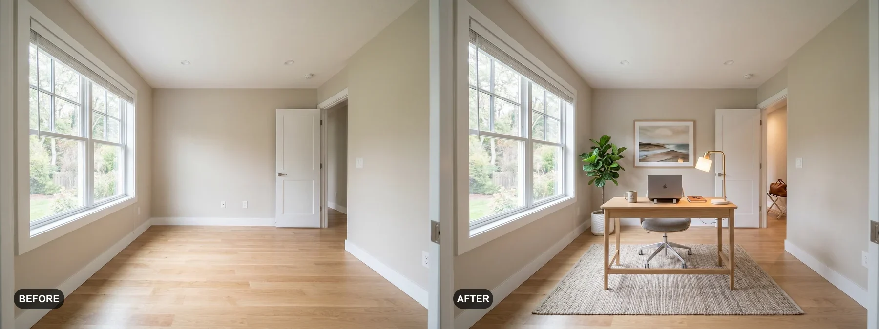 Before and after comparison of an empty room with large blinds staged as a home office