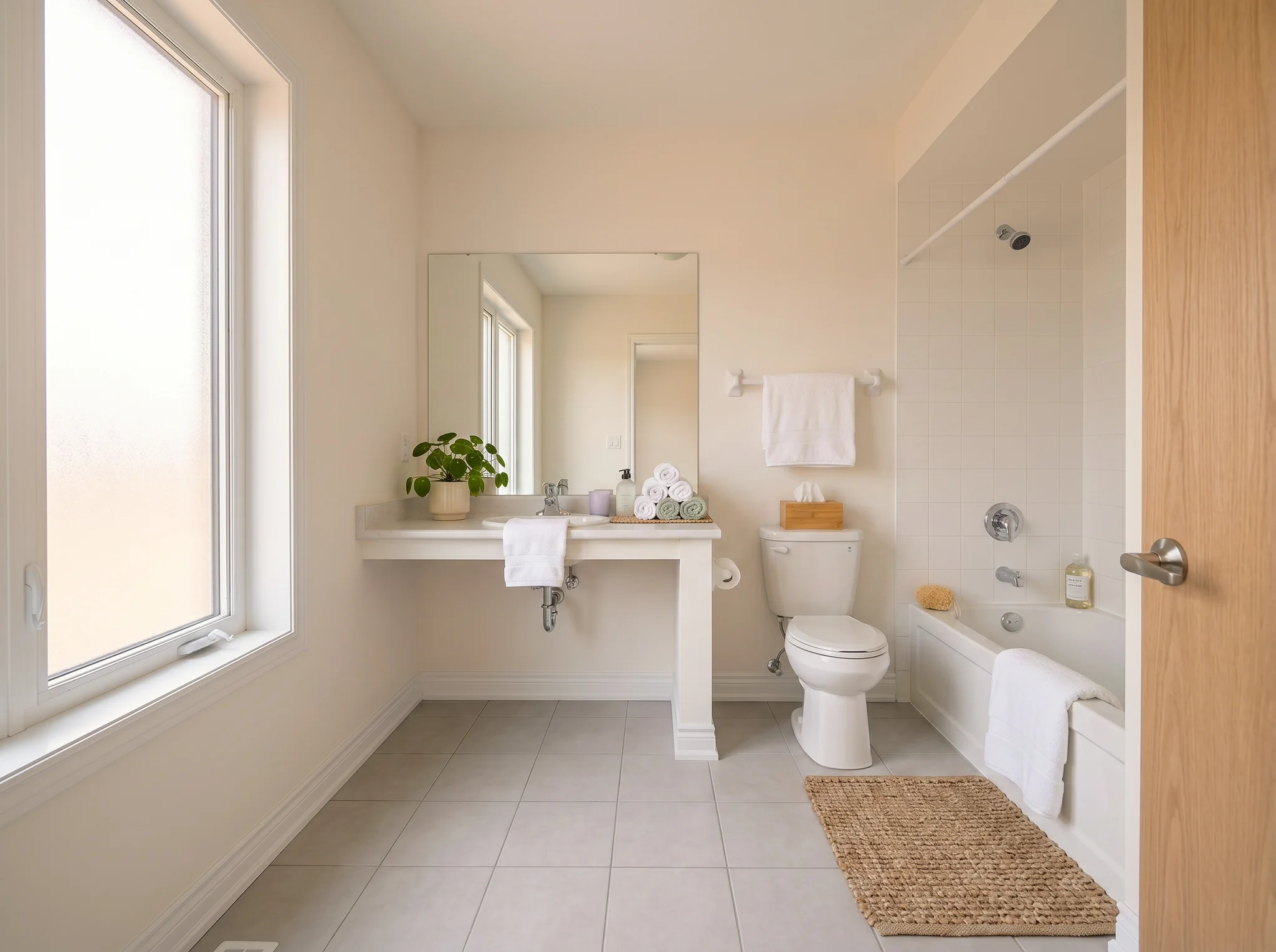 Airbnb bathroom styling result with rolled towels, plant, jute mat, and tray