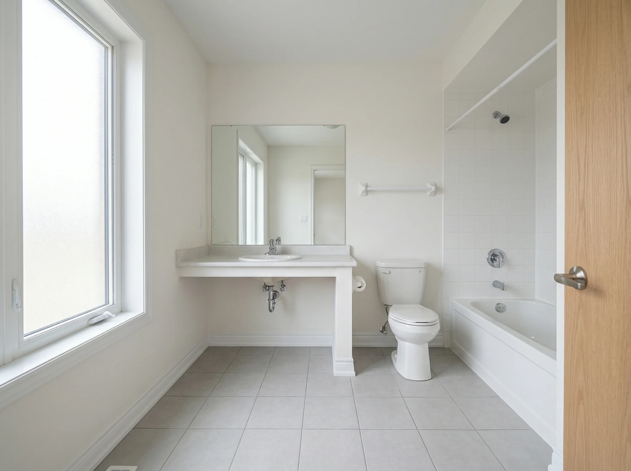 Sparse bathroom with pedestal-leg vanity before Airbnb accessory styling