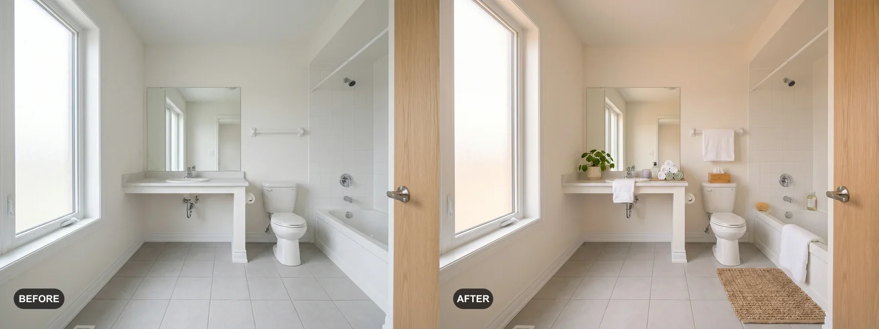Before and after comparison of a pedestal-vanity bathroom styled for a short-term rental