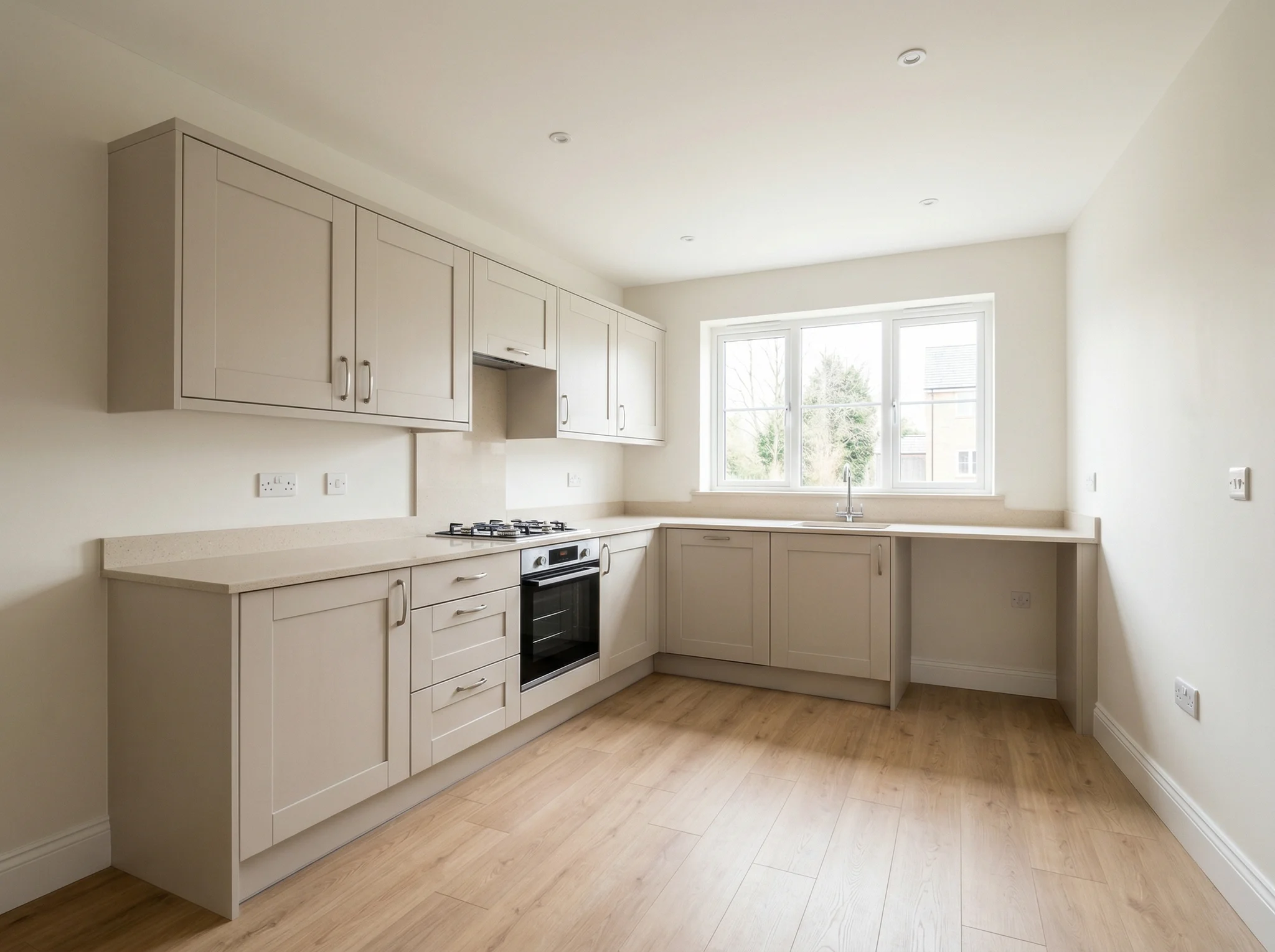 Before photo of a bare kitchen prepared for light AI virtual staging