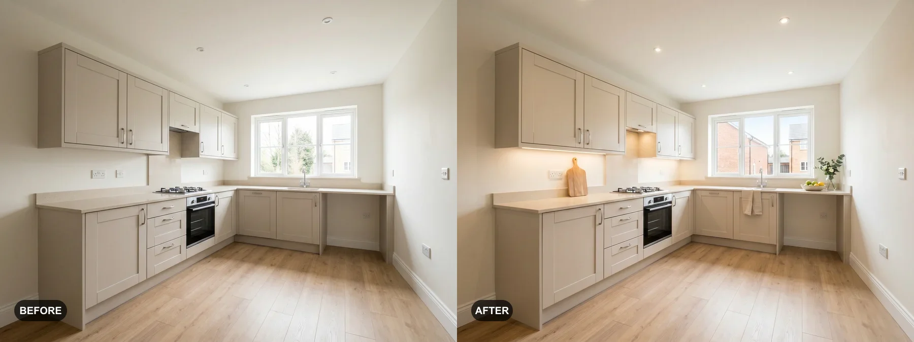 Before and after comparison of a kitchen lightly staged for a real estate listing