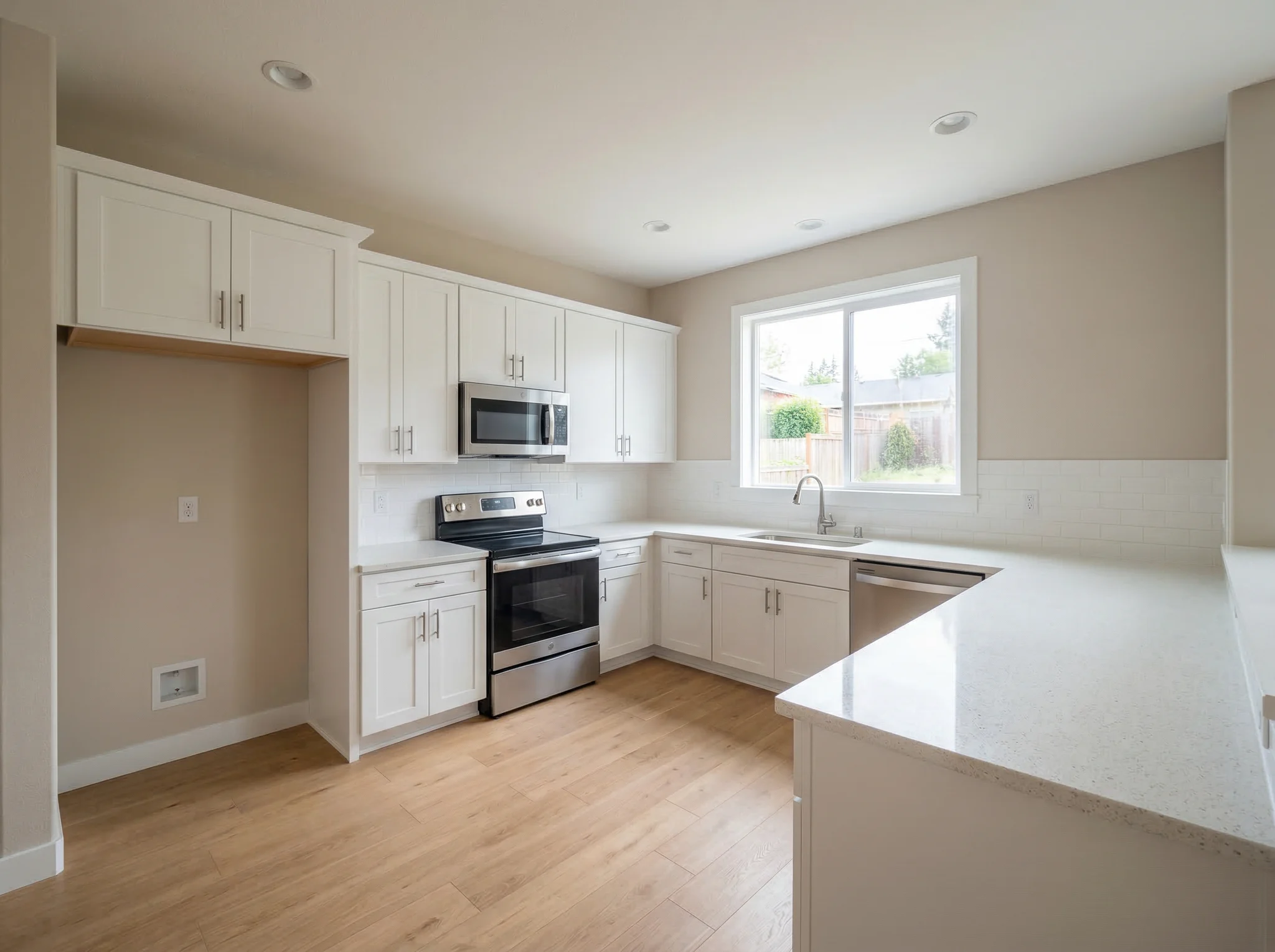 Before photo of an empty kitchen prepared for Airbnb rental staging