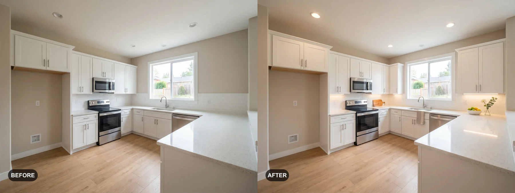 Before and after comparison of a kitchen refreshed for a rental listing