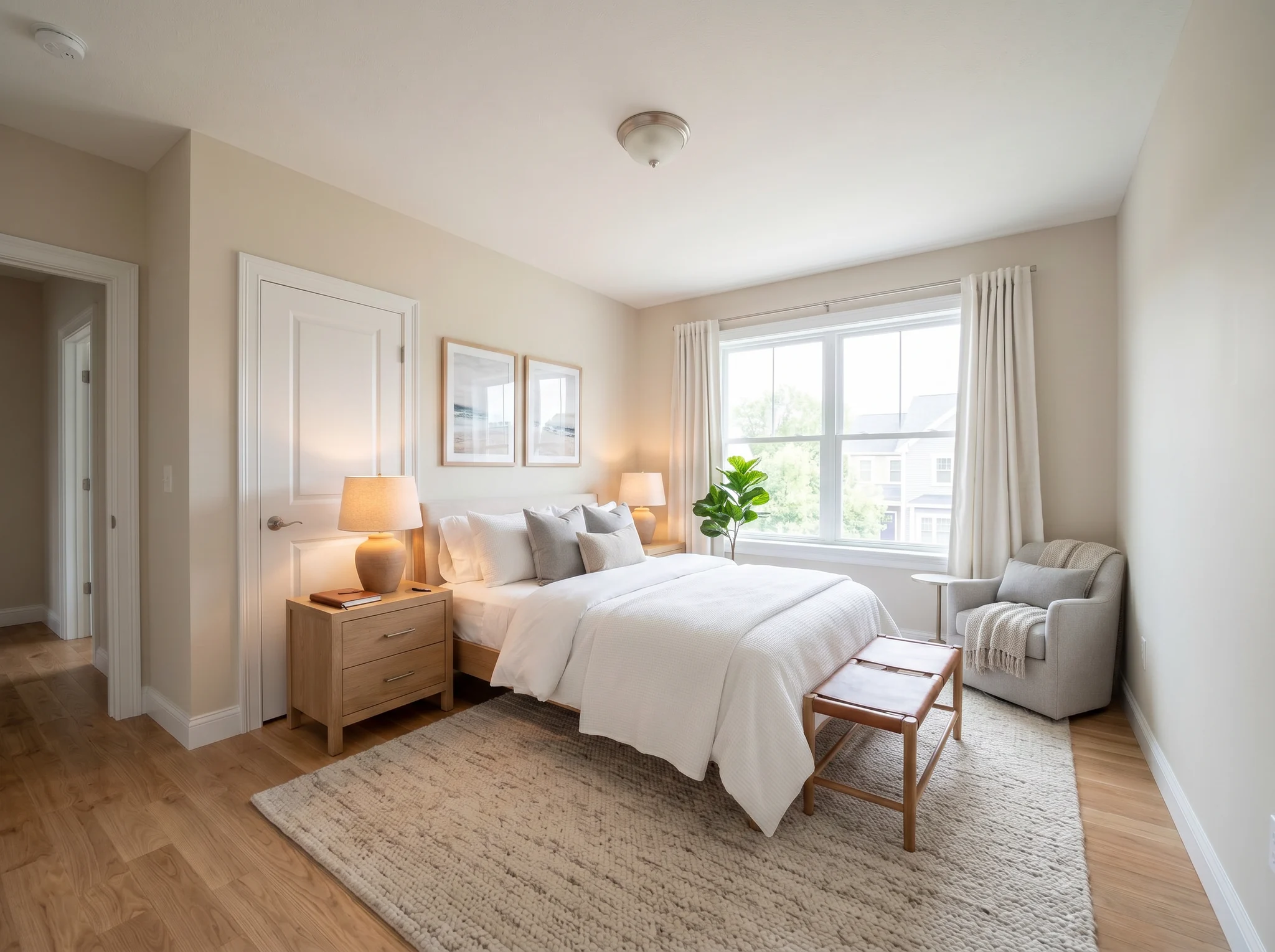 After AI virtual staging result showing a guest-ready bedroom with seating