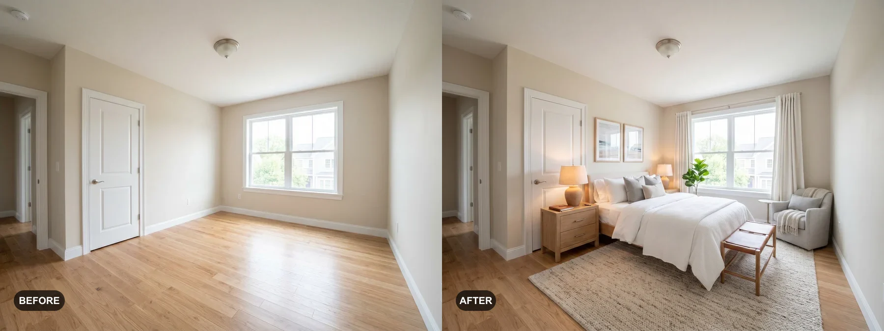 Before and after comparison of a bedroom staged into a guest-ready Airbnb room