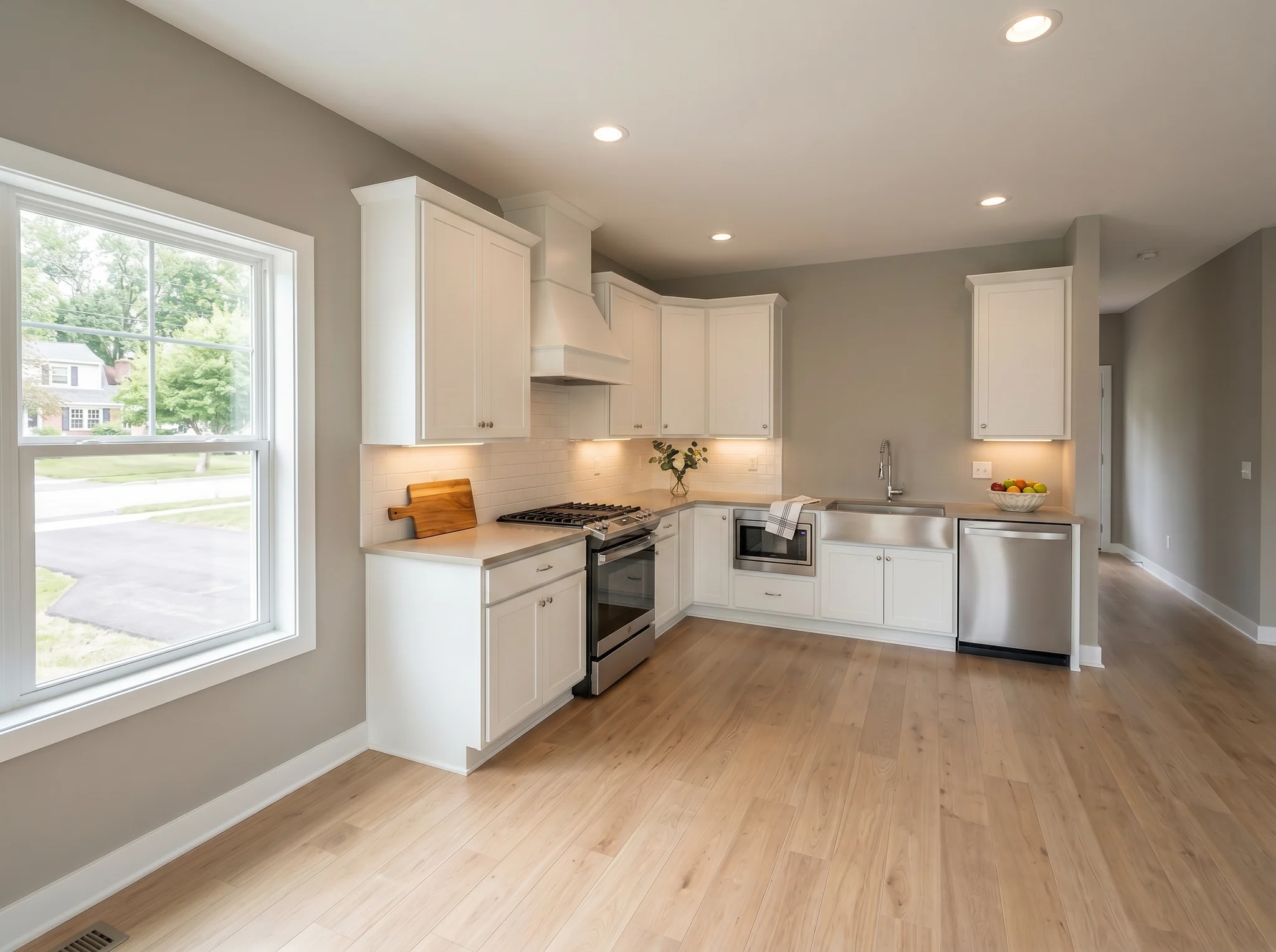 White kitchen listing styling result with under-cabinet lighting, cutting board, flowers, and fruit bowl