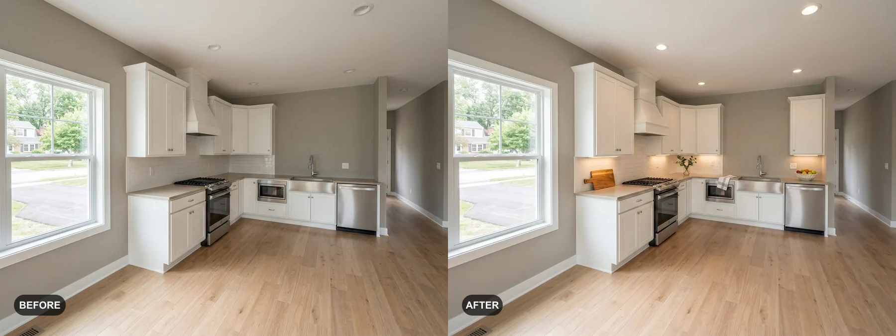 Before and after comparison of a white farmhouse-sink kitchen styled for a listing photo