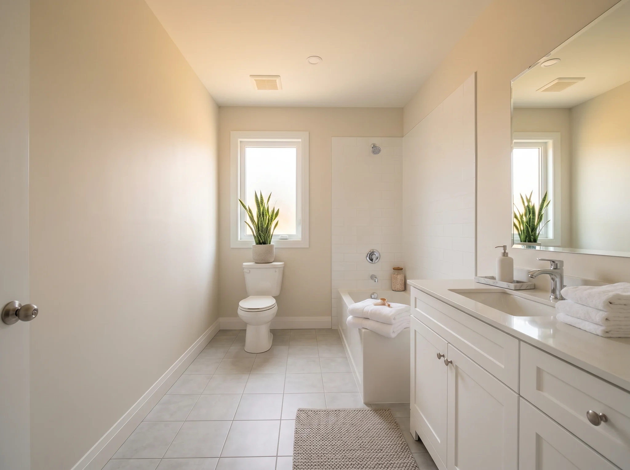 Narrow bathroom Airbnb styling with snake plant, towels on tub edge, jute mat, and soap