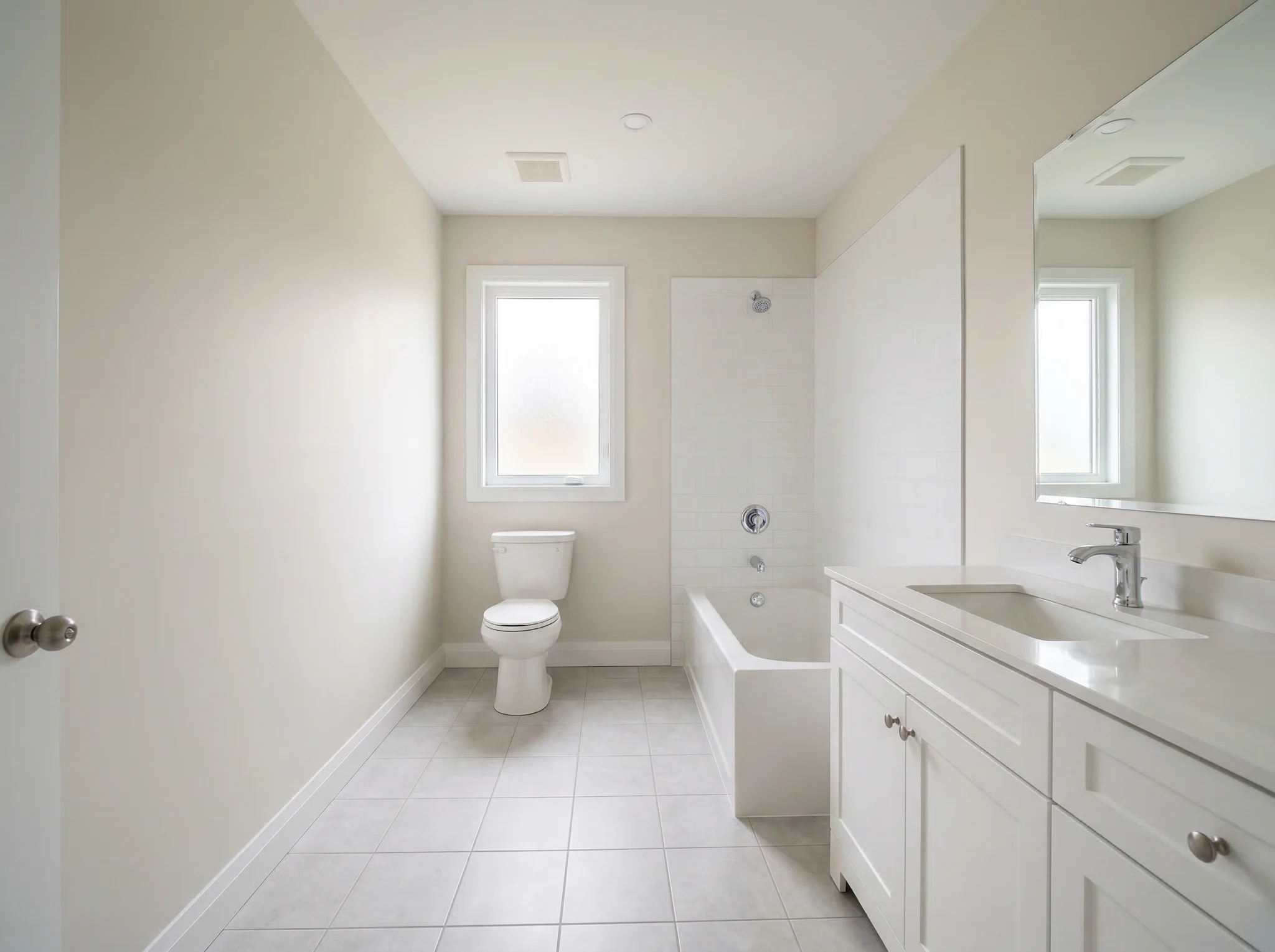 Narrow bathroom with tub and white vanity before Airbnb accessory styling