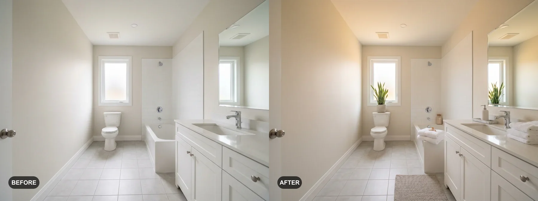 Before and after comparison of a narrow bathroom with tub styled for an Airbnb listing