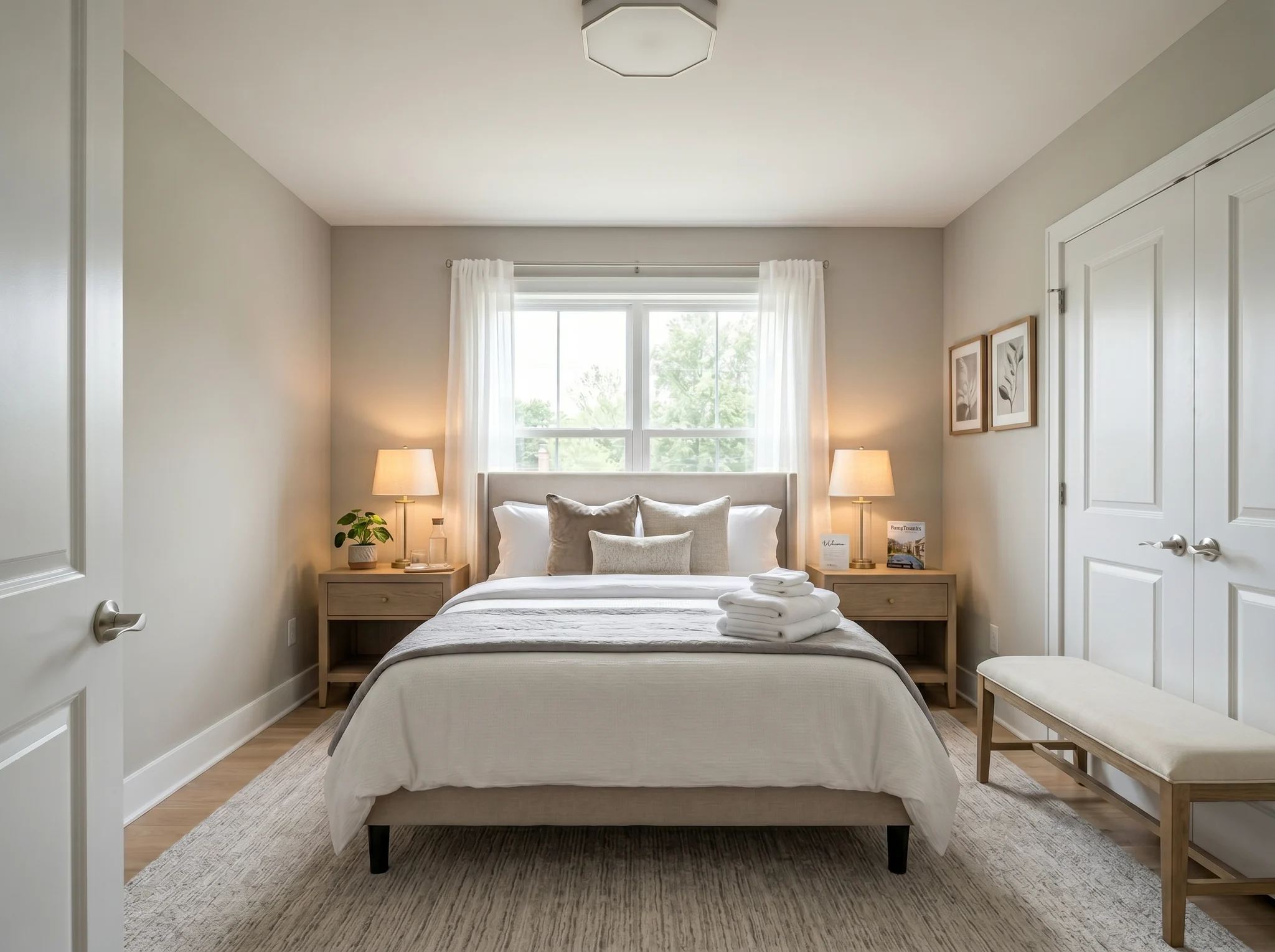 After AI virtual staging result showing a minimal rental bedroom guest suite