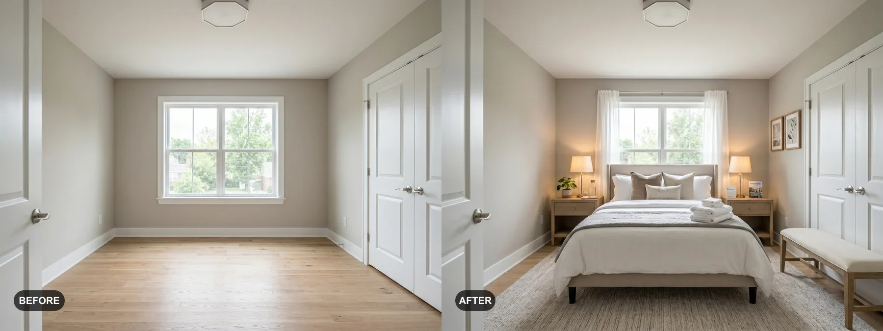 Before and after comparison of a minimal bedroom staged for a rental listing