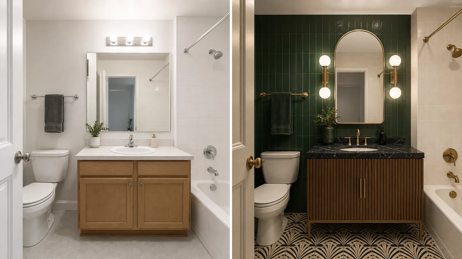 Before and after AI-generated Art Deco bathroom redesign with emerald tile, brass fixtures, and geometric floor pattern