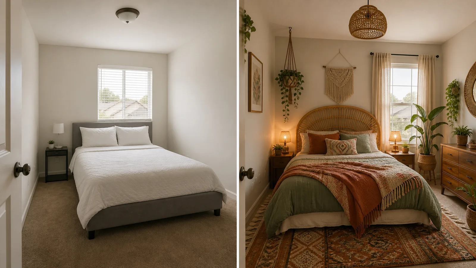 Before and after AI-generated Bohemian bedroom redesign with layered textiles, rattan, plants, and warm terracotta accents