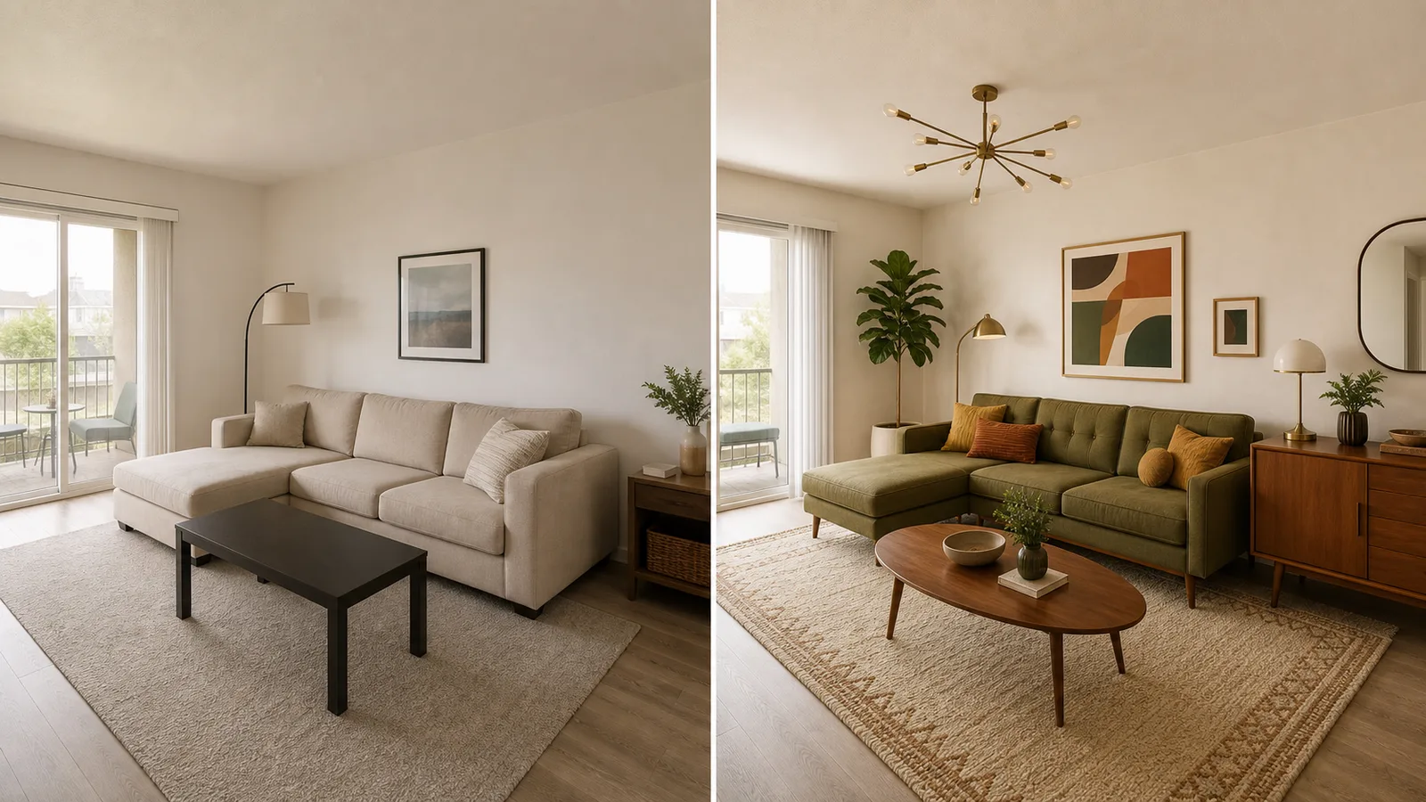 Before and after AI-generated Mid-Century Modern living room redesign with walnut furniture and warm color accents