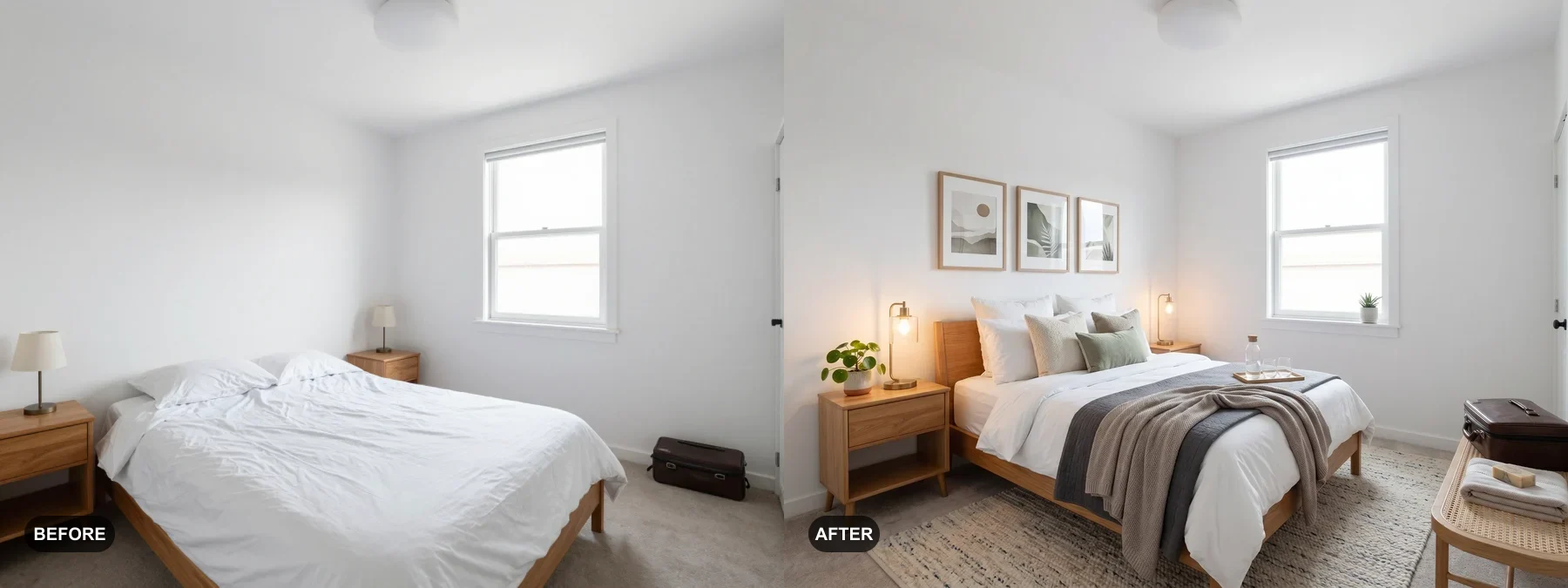 Before and after comparison of an Airbnb bedroom refreshed into a premium guest suite