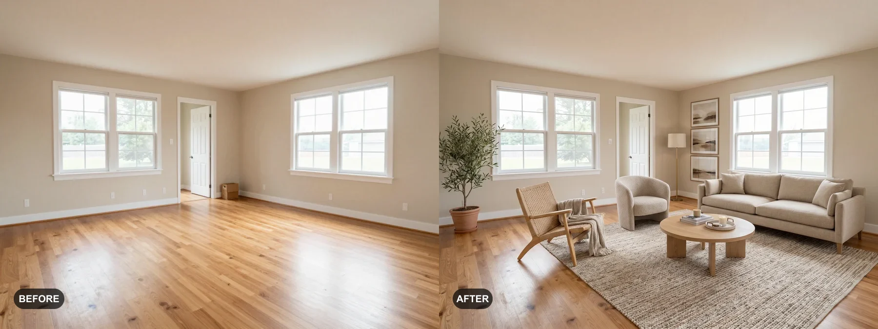 Before and after comparison of a vacant living room staged for a real estate listing