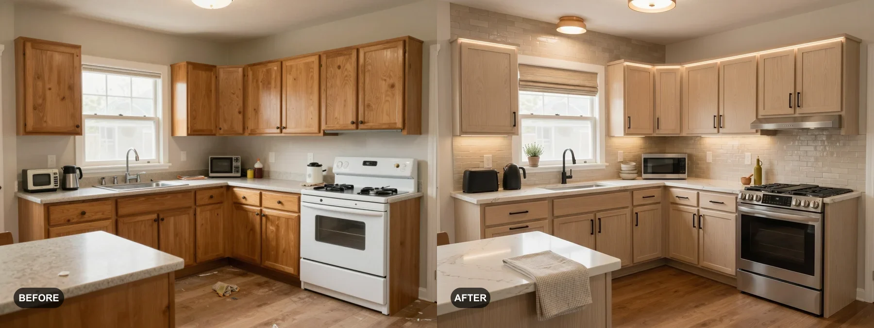 Before and after comparison of a kitchen renovation preview concept