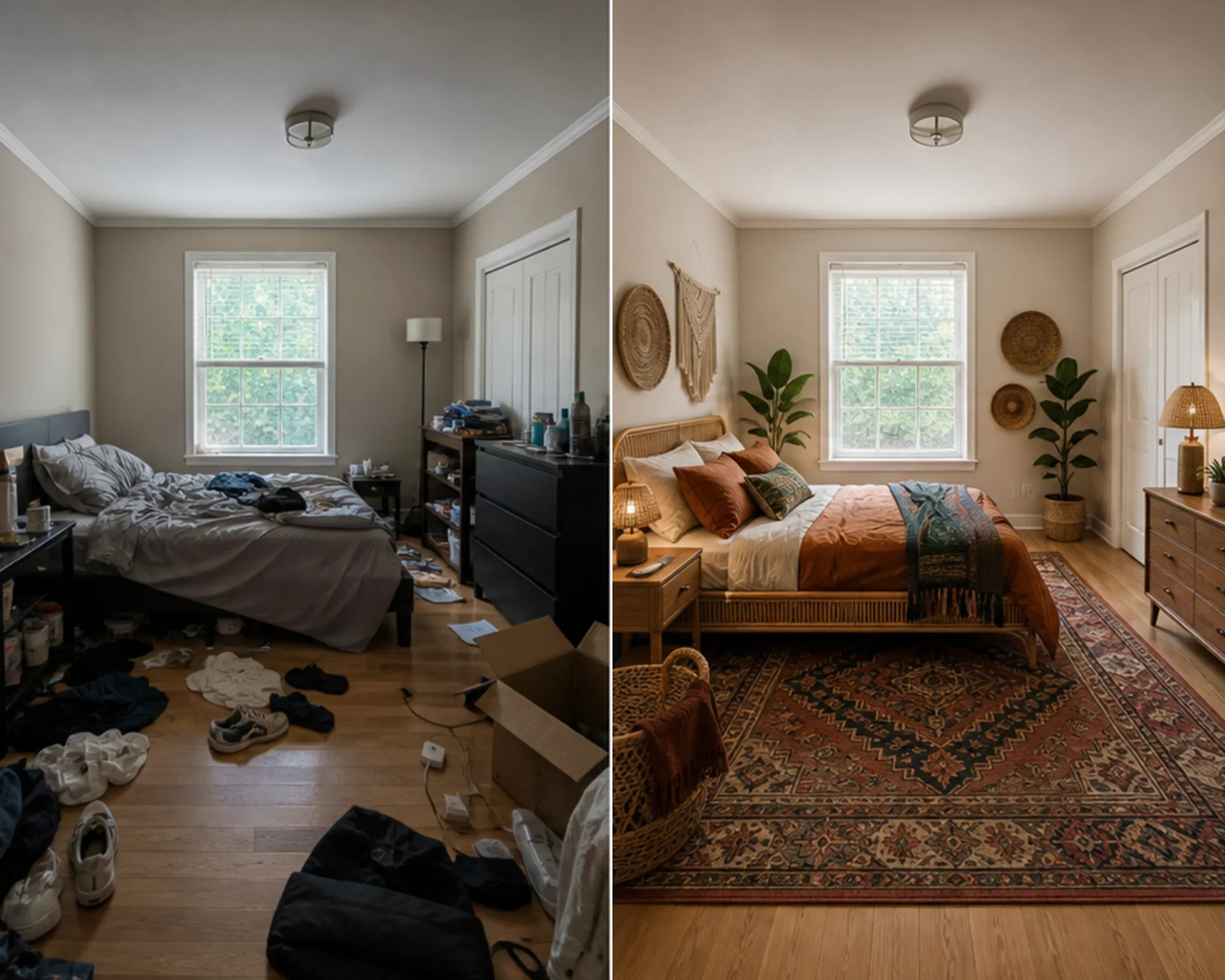 Before and after comparison of a messy bedroom cleaned and staged in Bohemian style